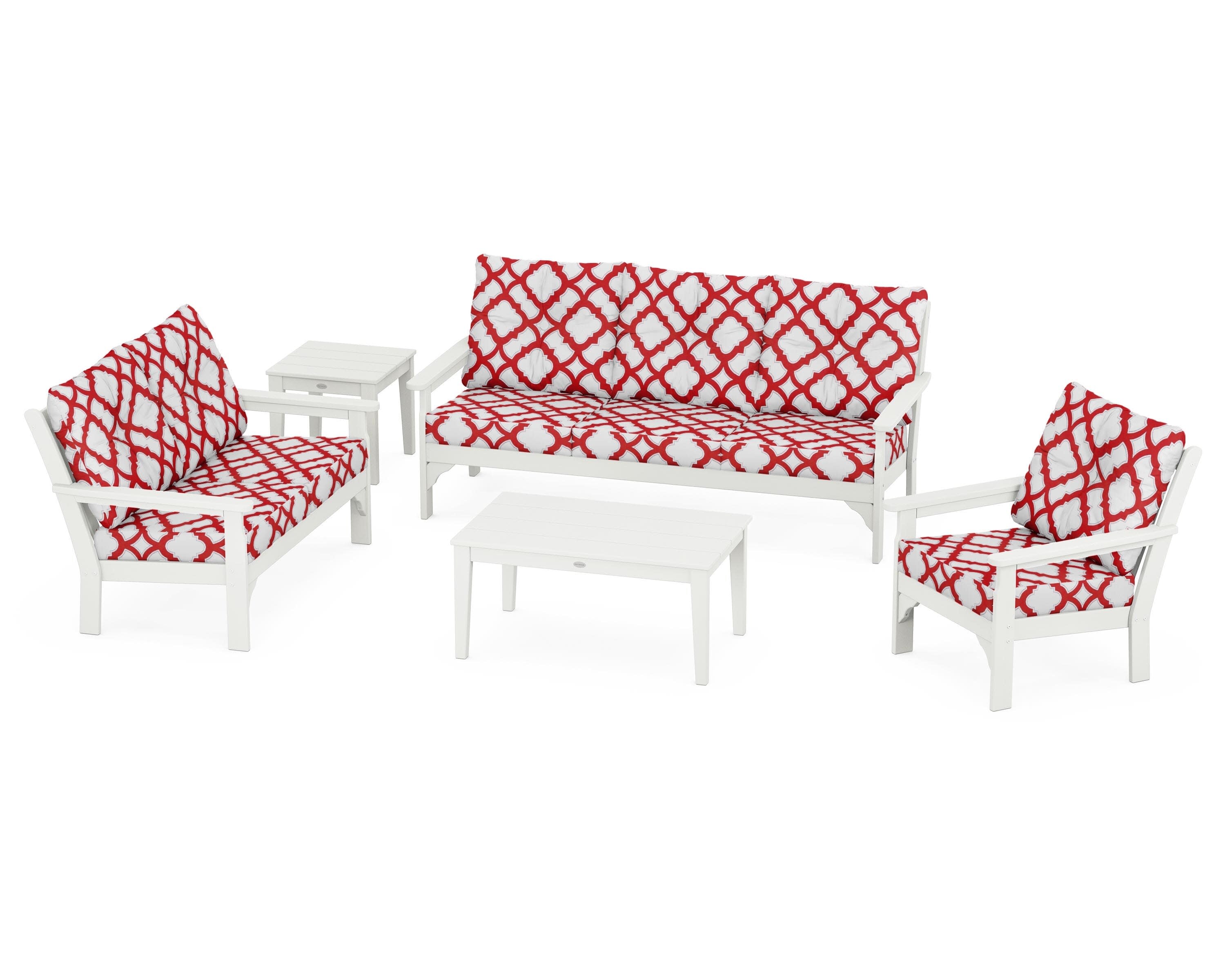 Vineyard 5 Piece Deep Seating Set in Vintage White / Trellis Crimson