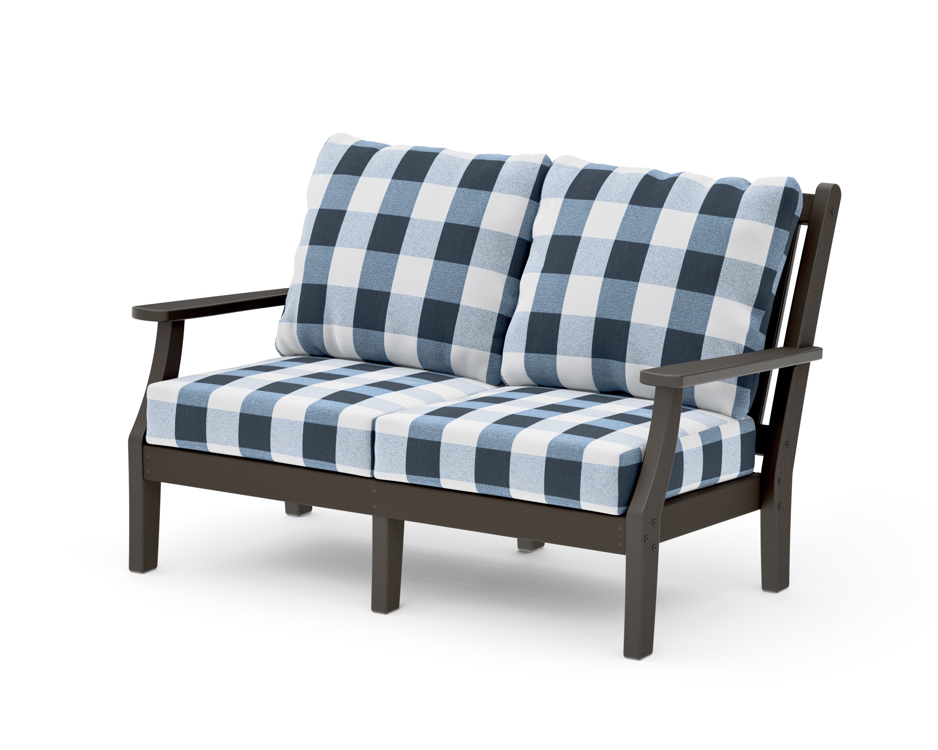 Wovendale Deep Seating Loveseat in Vintage Coffee / Buffalo Plaid Marine Indigo