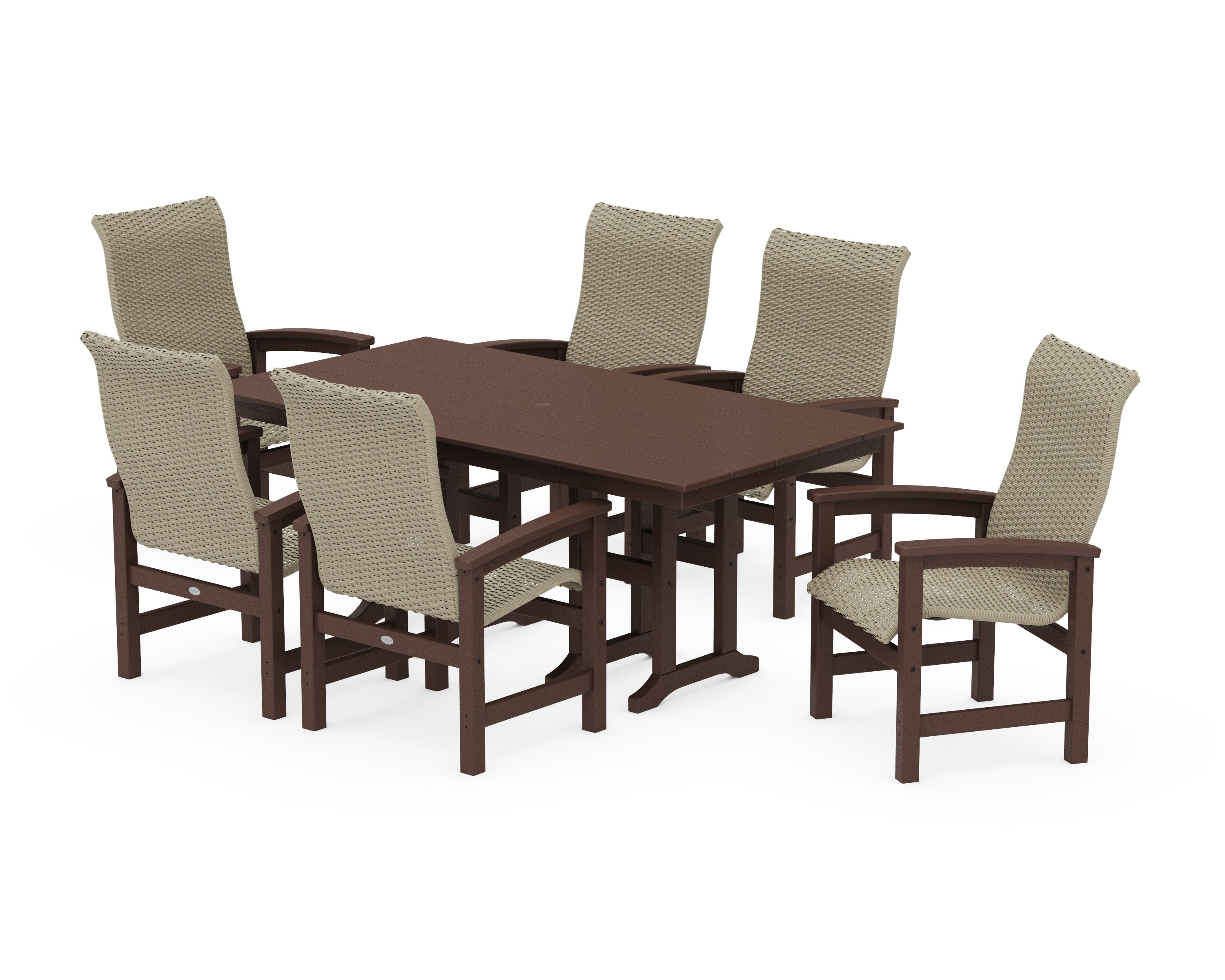 Coastal Woven High-Back Arm Chair 7-Piece Farmhouse Dining Set in Mahogany / Dune Grass