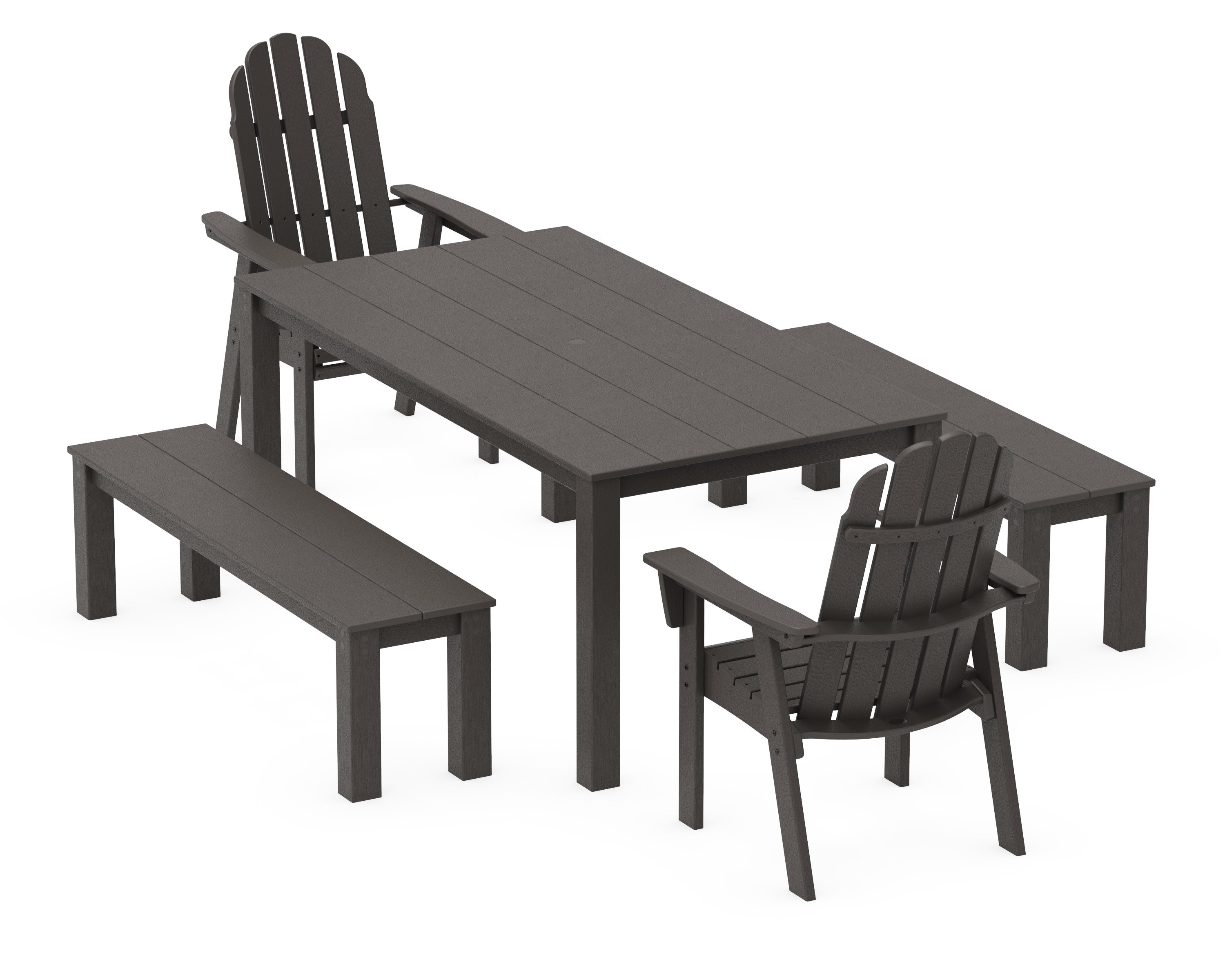 Vineyard Curveback Adirondack 5-Piece Parsons Dining Set with Benches in Vintage Coffee