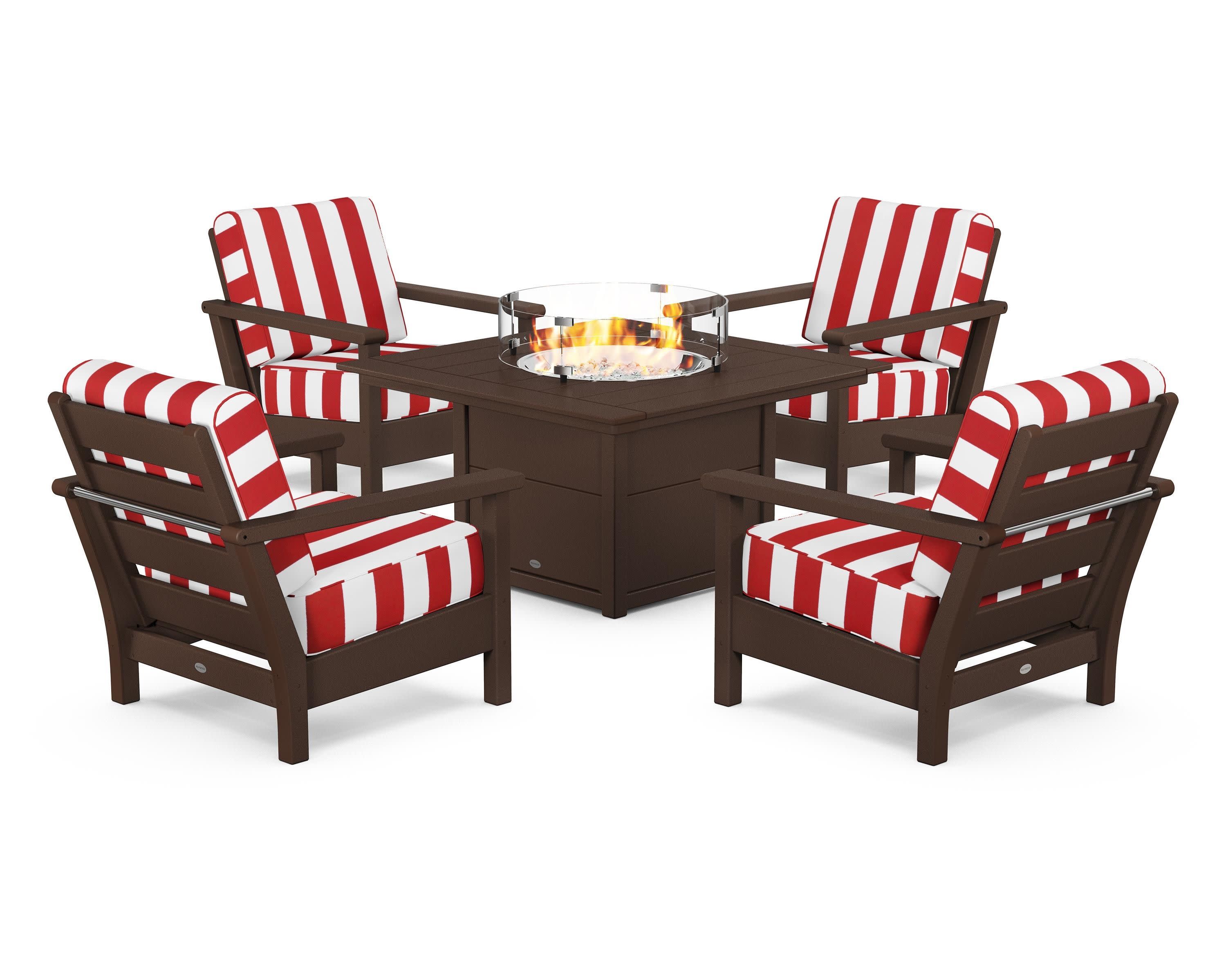 Harbour 5-Piece Conversation Set with Fire Pit Table in Mahogany / Cabana Stripe Crimson