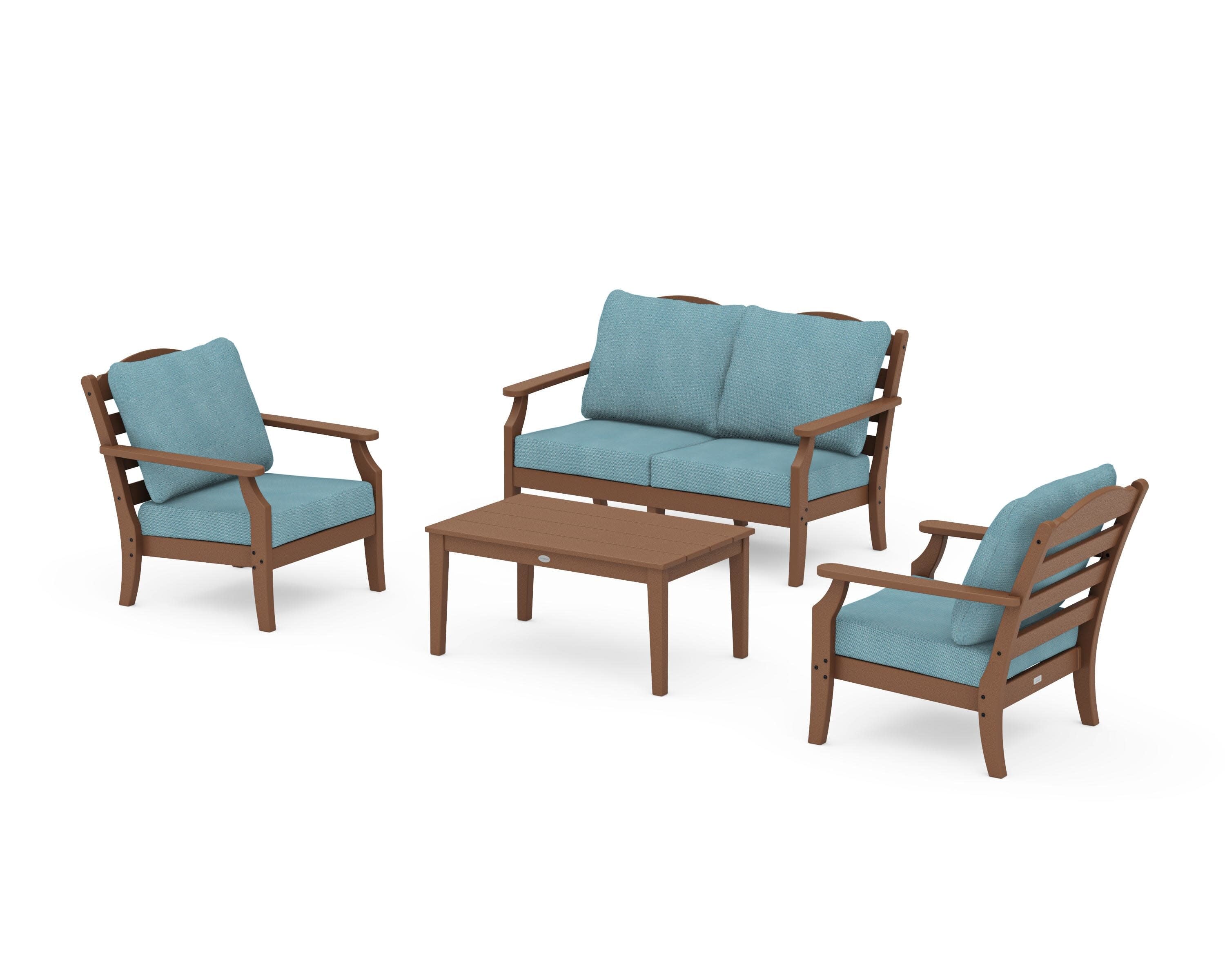 Savannah 4-Piece Deep Seating Set with Loveseat in Teak / Lattice Sky Blue