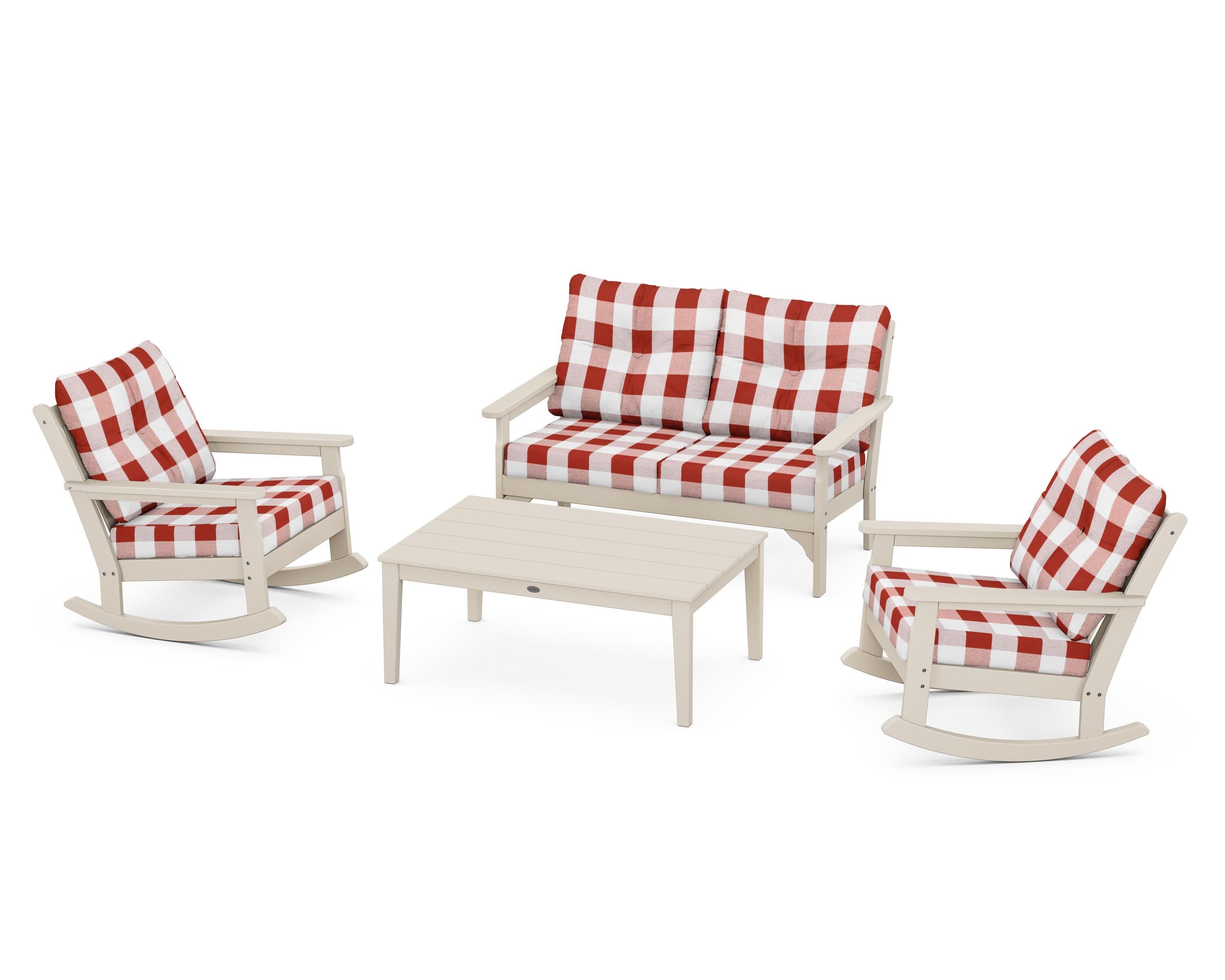 Vineyard 4-Piece Deep Seating Rocking Chair Set in Sand / Buffalo Plaid Crimson