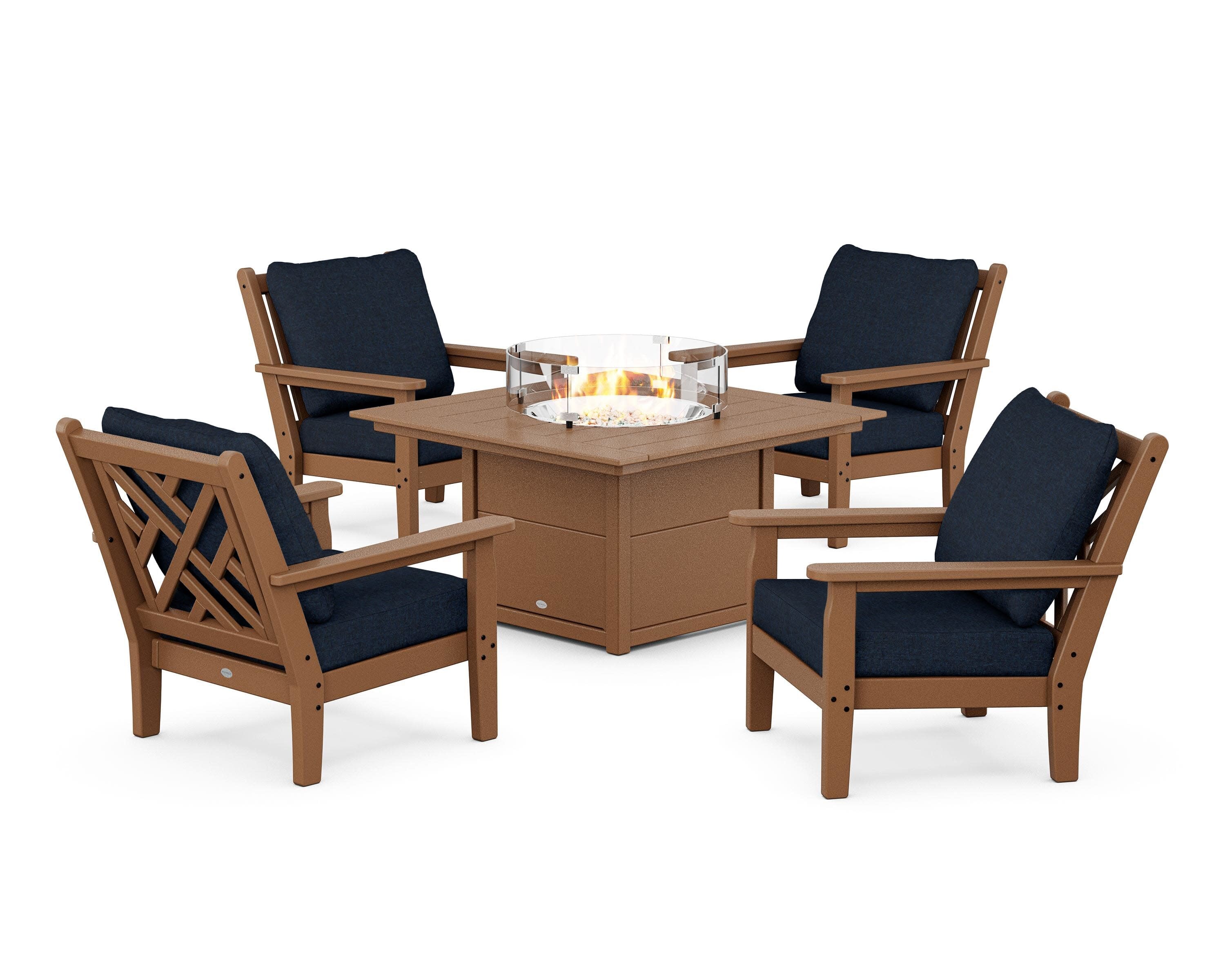Chippendale 5-Piece Deep Seating Set with Fire Pit Table in Teak / Marine Indigo