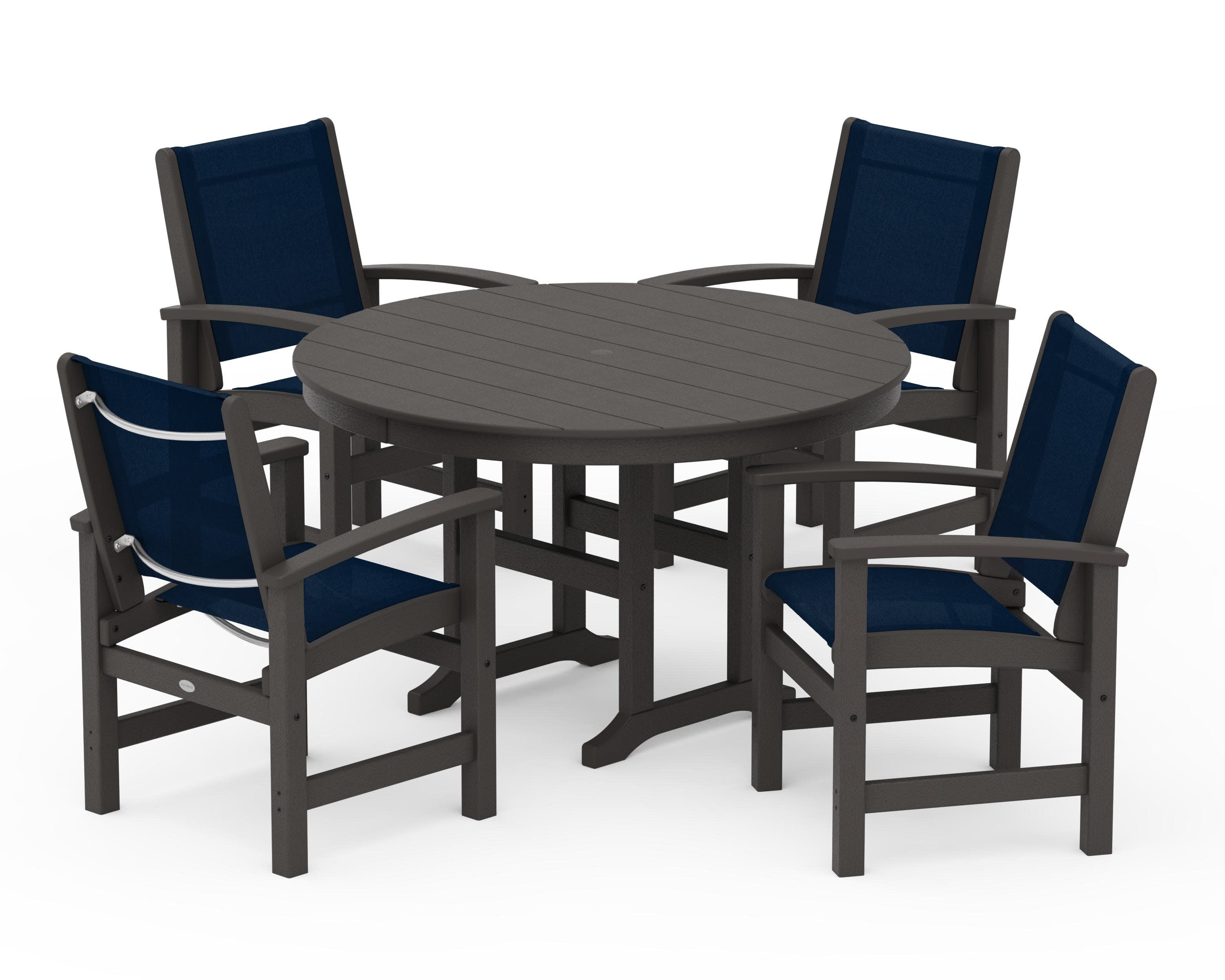 Coastal 5-Piece Round Farmhouse Dining Set in Vintage Coffee / Navy Blue Sling
