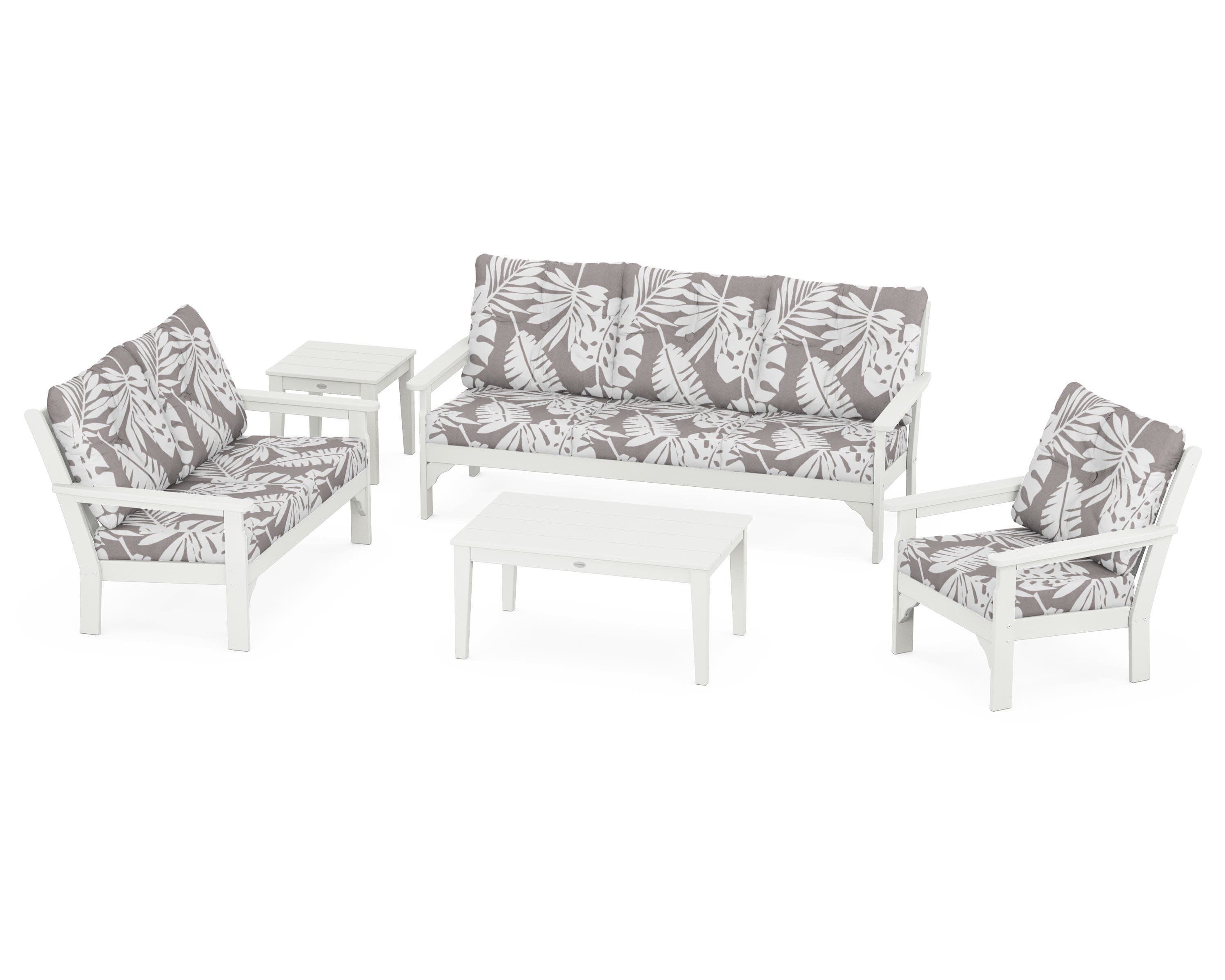 Vineyard 5 Piece Deep Seating Set in Vintage White / Leaf Grey Mist