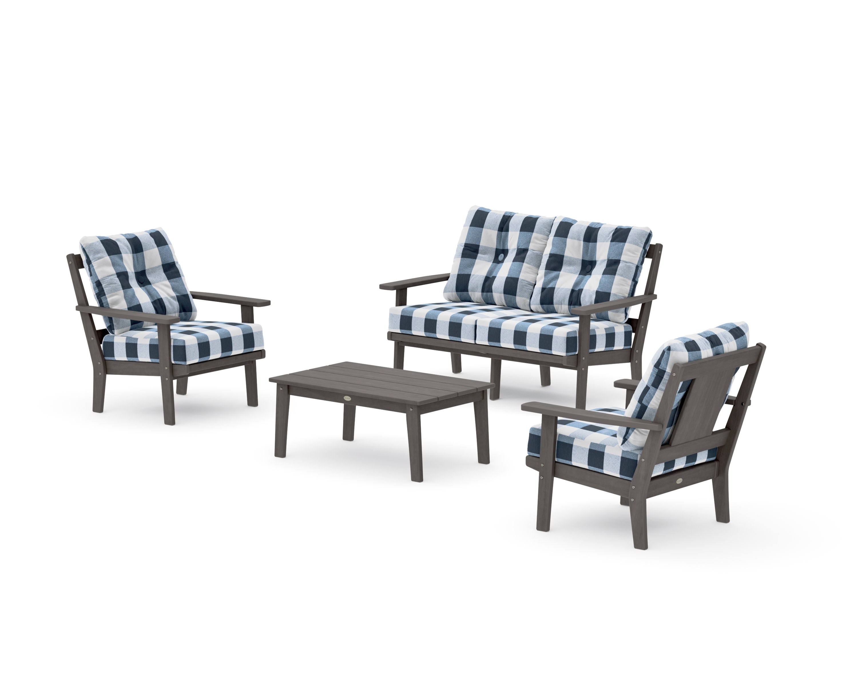 Prairie 4-Piece Deep Seating Set with Loveseat in Driftwood / Buffalo Plaid Marine Indigo