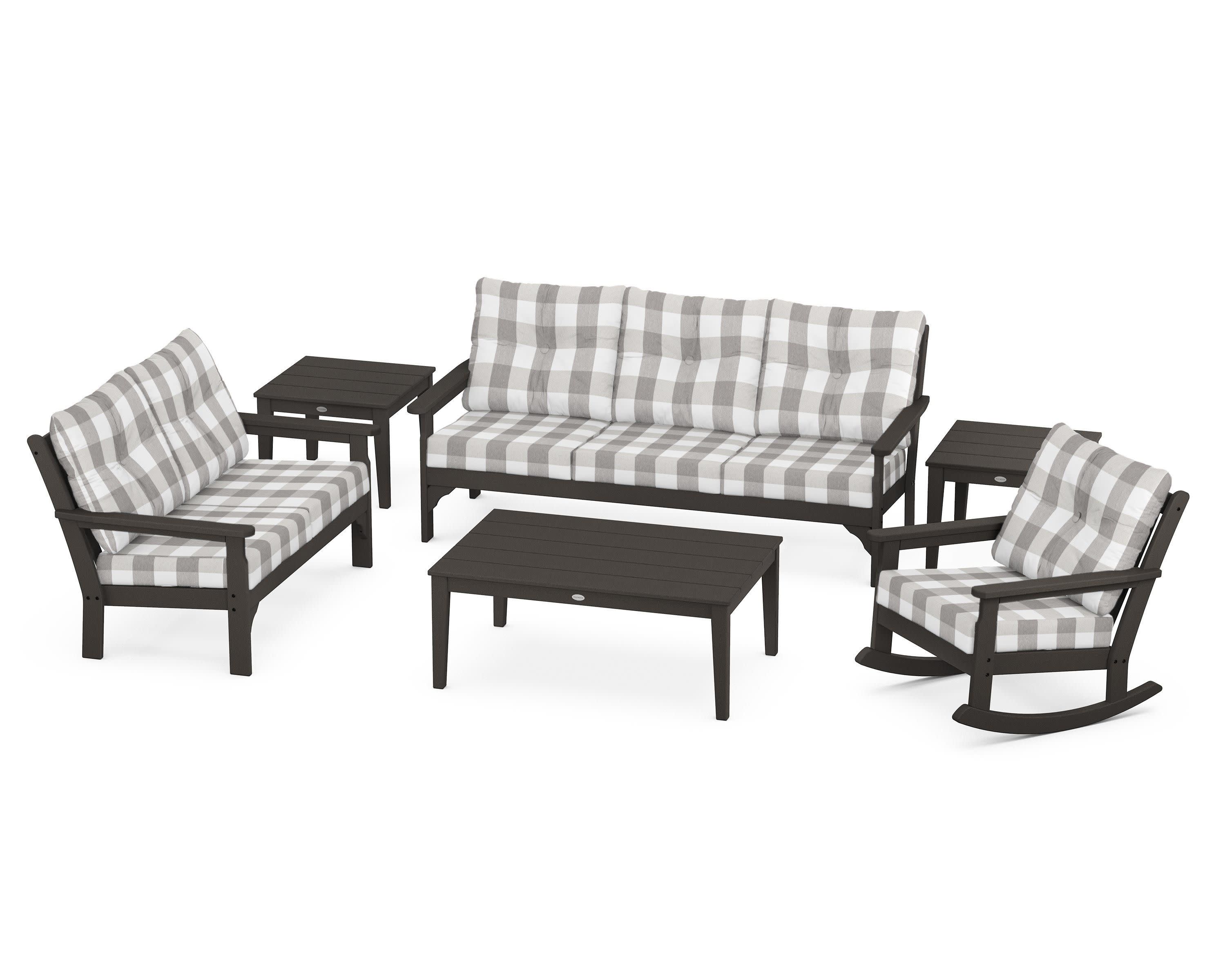 Vineyard 6-Piece Deep Seating Set in Vintage Coffee / Buffalo Plaid Grey Mist