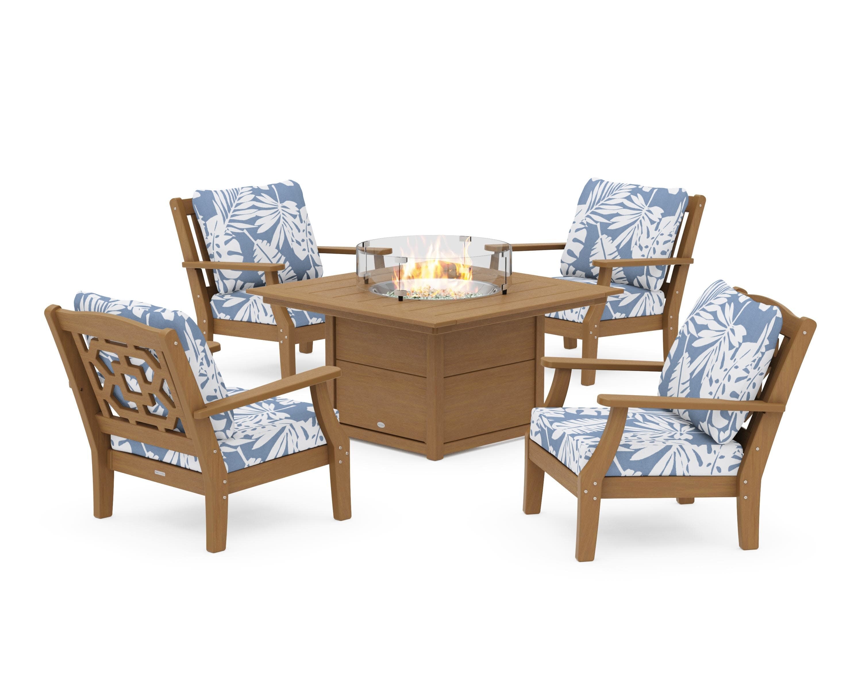 Chinoiserie 5-Piece Deep Seating Set with Fire Pit Table in Natural / Leaf Sky Blue