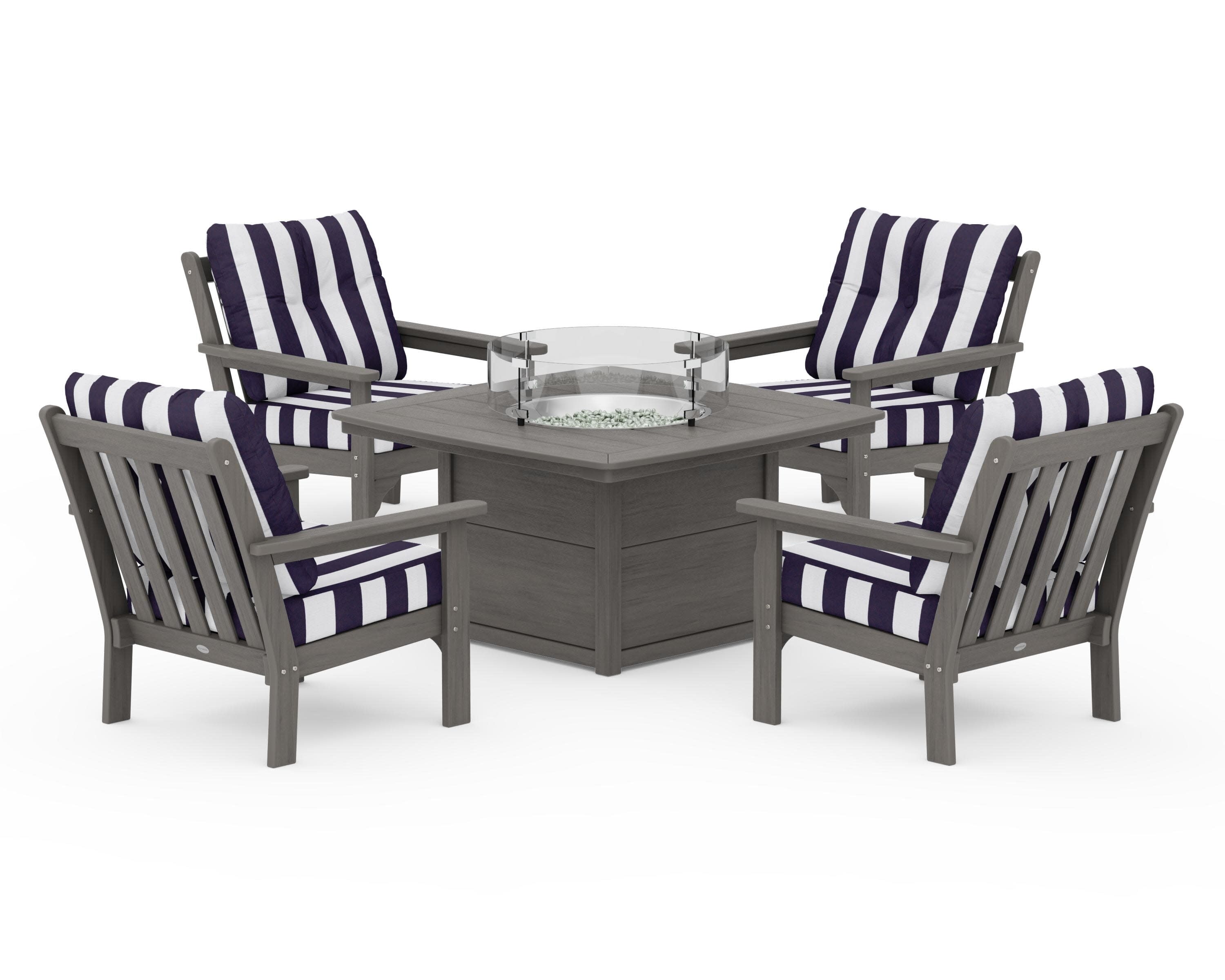 Vineyard 5-Piece Conversation Set with Fire Pit Table in Driftwood / Cabana Stripe Navy