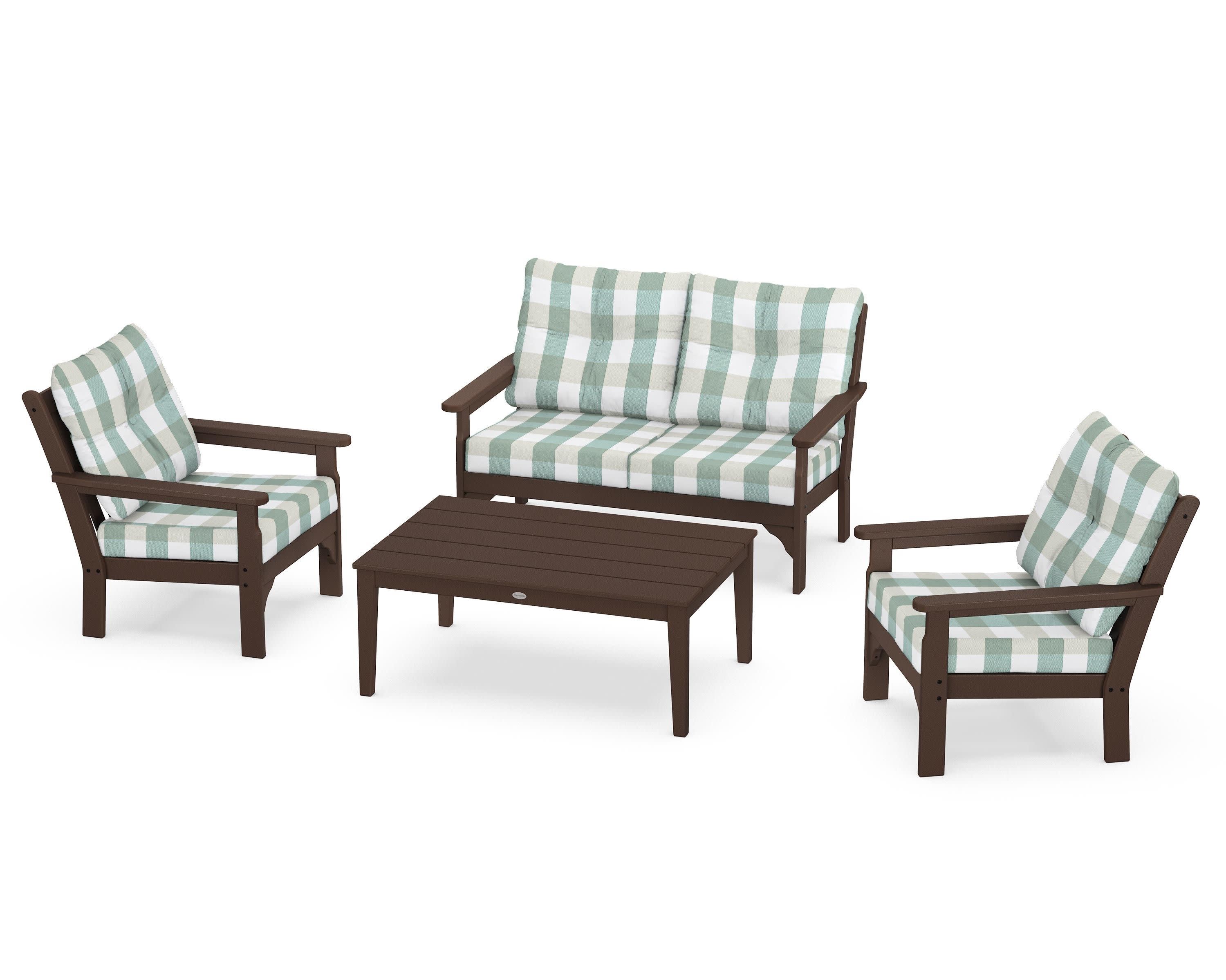 Vineyard 4-Piece Deep Seating Set in Mahogany / Buffalo Plaid Glacier Spa