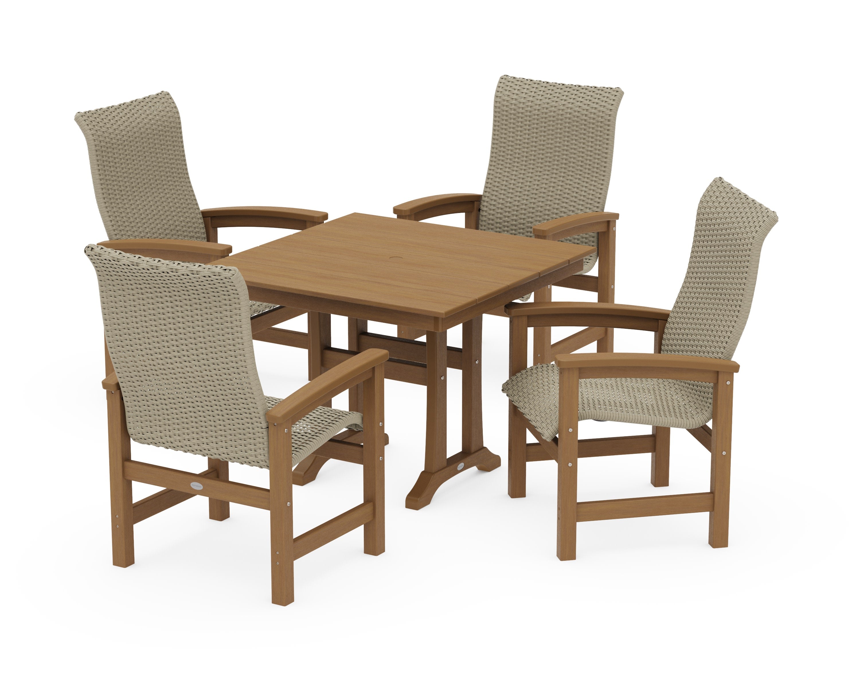 Coastal Woven High-Back 5-Piece Farmhouse Dining Set with Trestle Legs in Natural / Dune Grass
