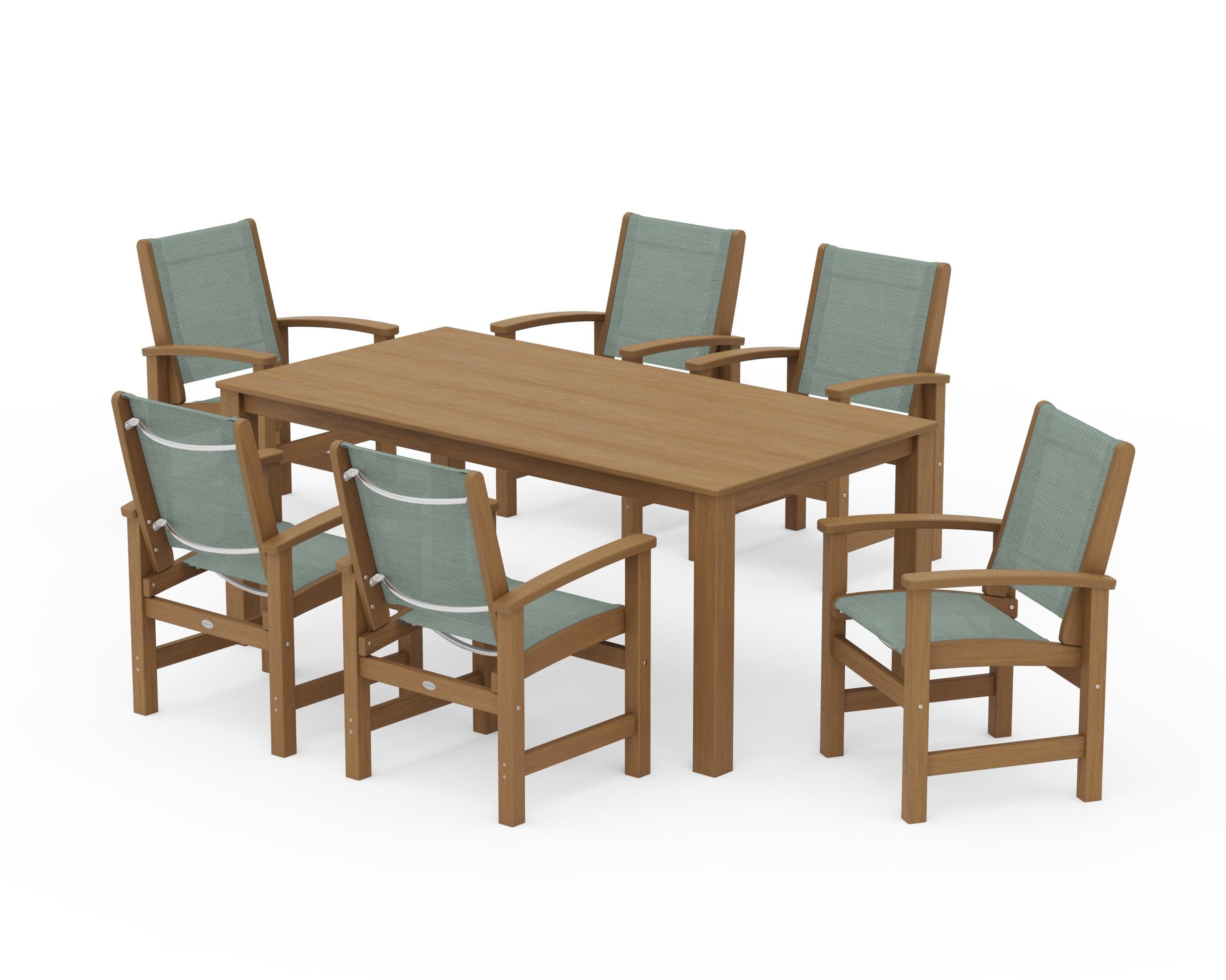 Coastal 7-Piece Parsons Dining Set in Natural / Dupioni Sea Mist Sling