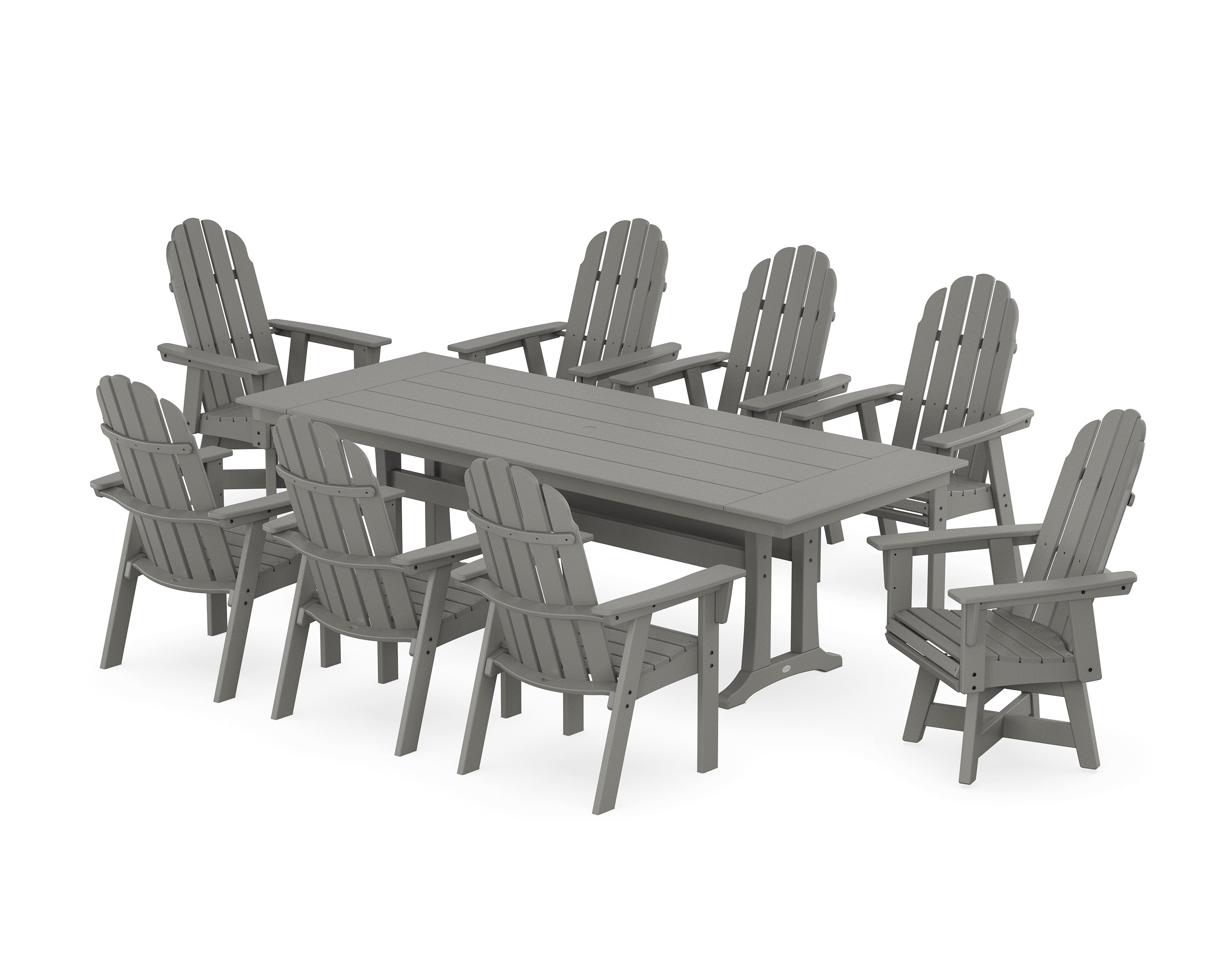 Vineyard 9-Piece Curveback Adirondack Swivel Farmhouse Dining Set with Trestle Legs in Slate Grey