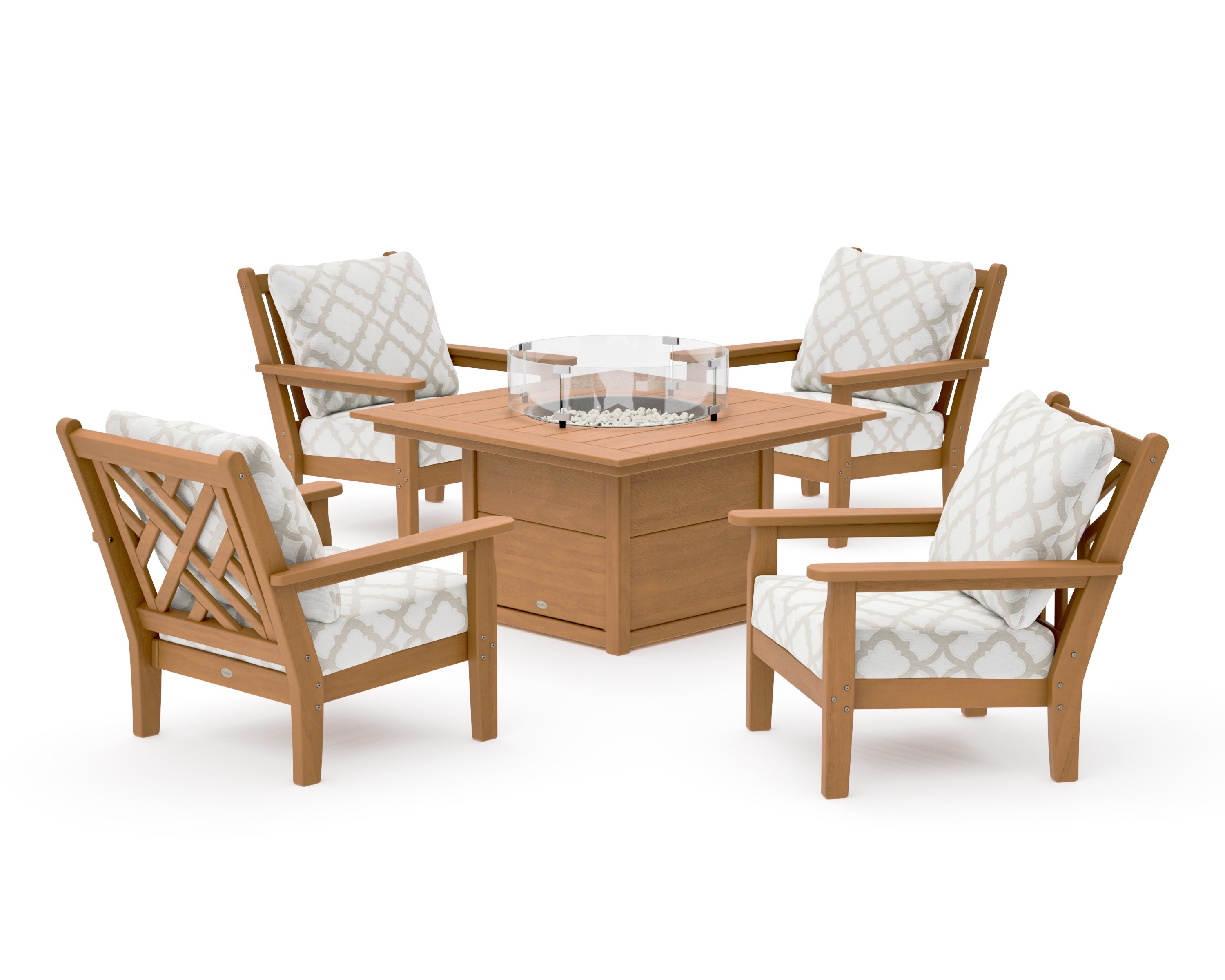 Chippendale 5-Piece Deep Seating Set with Fire Pit Table in Natural / Trellis Dune Burlap