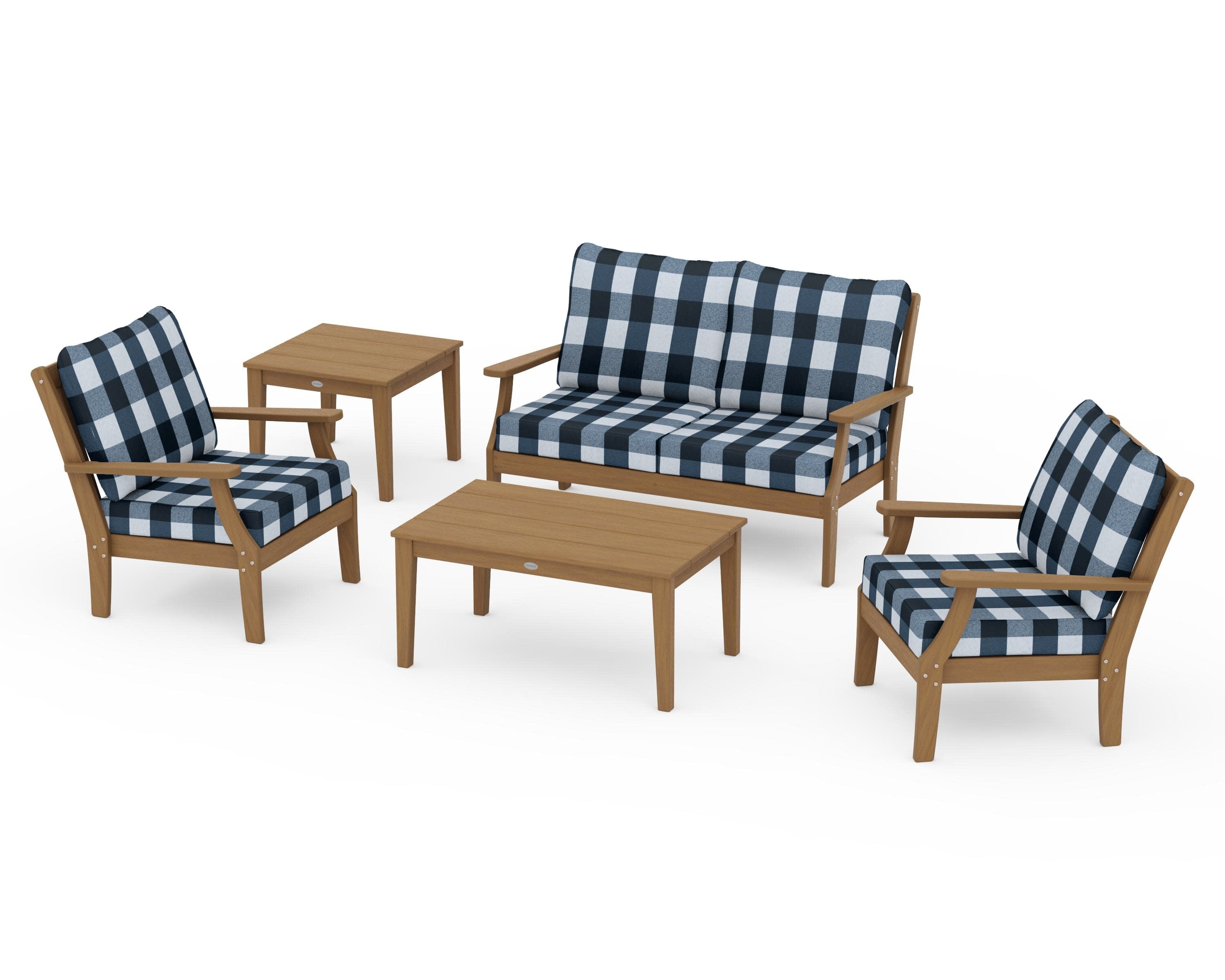 Braxton 5-Piece Deep Seating Set in Natural / Buffalo Plaid Marine Indigo