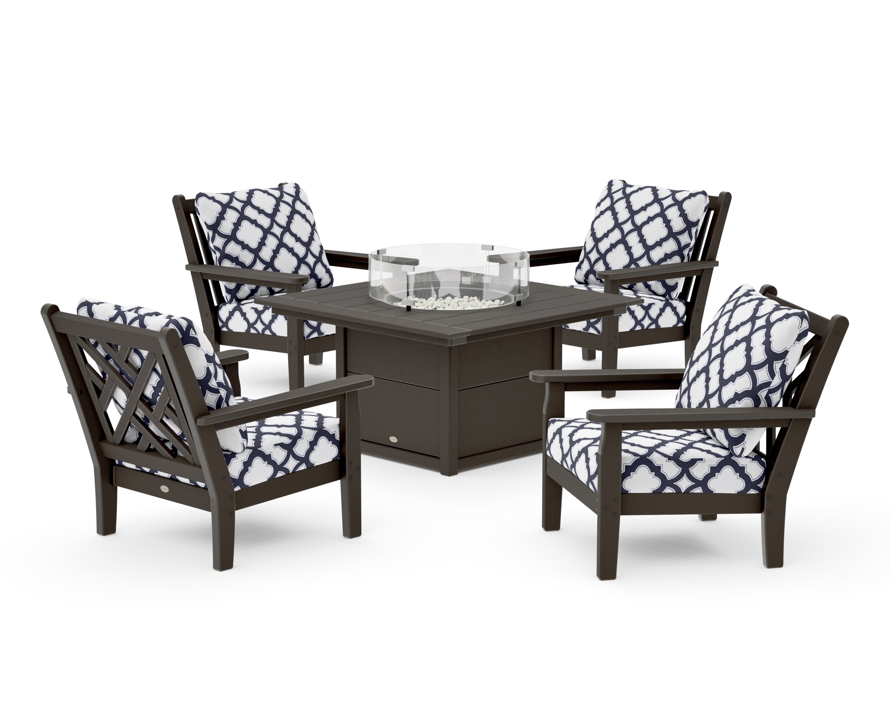 Chippendale 5-Piece Deep Seating Set with Fire Pit Table in Vintage Coffee / Trellis Navy