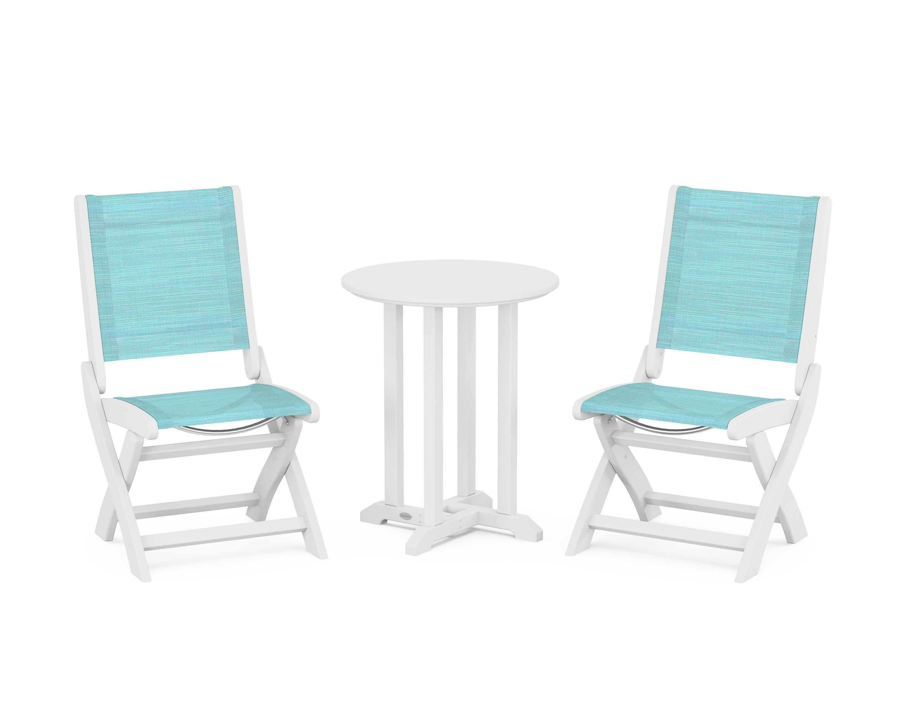 Coastal Folding Side Chair 3-Piece Round Bistro Dining Set in White / Dupioni Aquamarine Sling