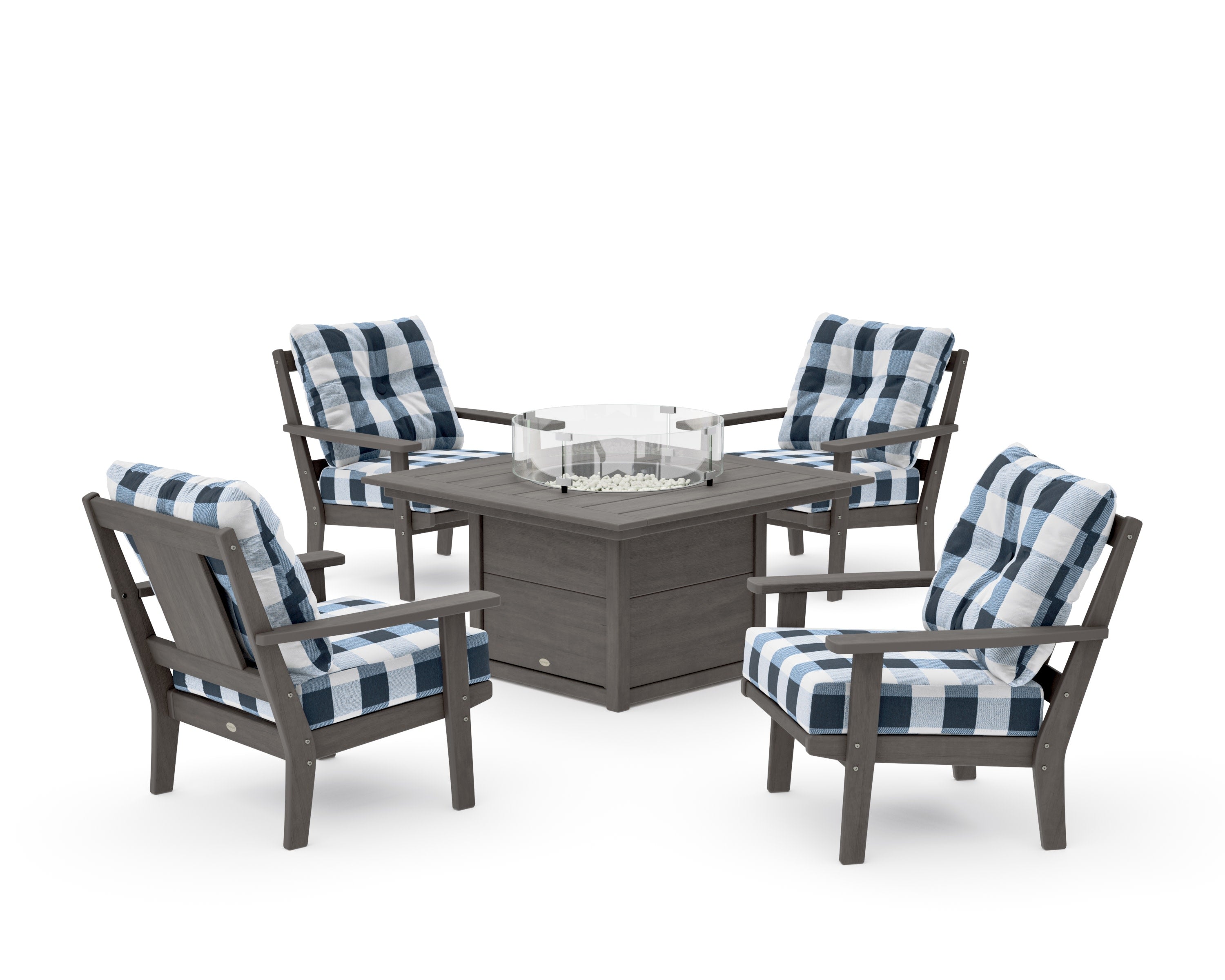 Prairie 5-Piece Deep Seating Set with Fire Pit Table in Driftwood / Buffalo Plaid Marine Indigo