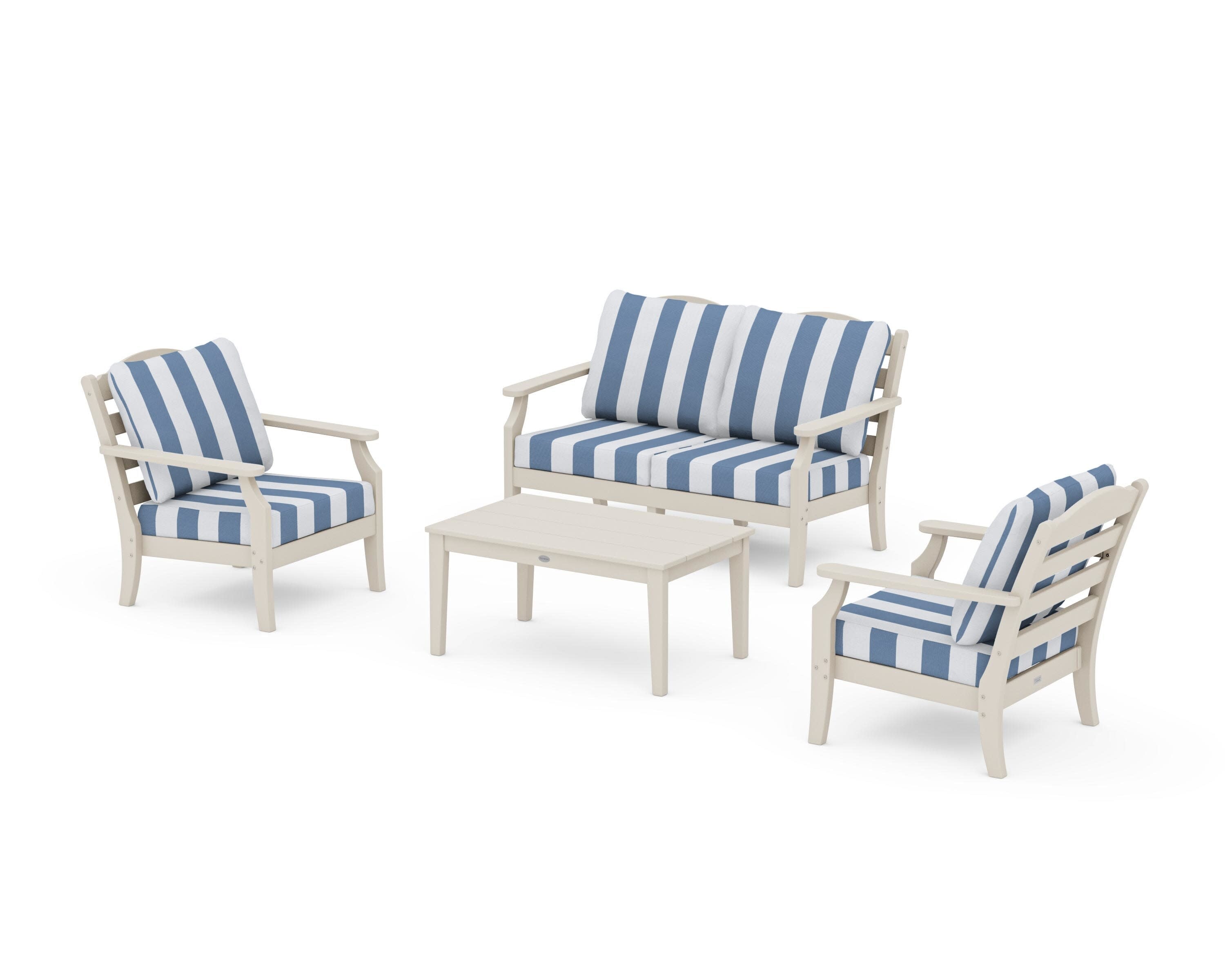 Savannah 4-Piece Deep Seating Set with Loveseat in Sand / Cabana Stripe Sky Blue