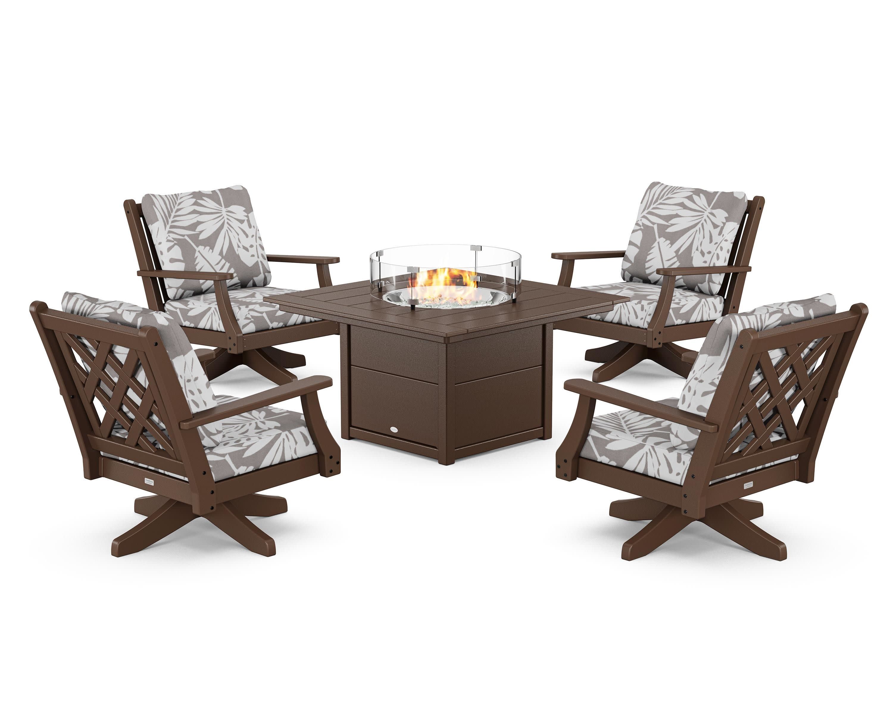 Wovendale 5-Piece Deep Seating Swivel Conversation Set with Fire Pit Table in Mahogany / Leaf Grey Mist