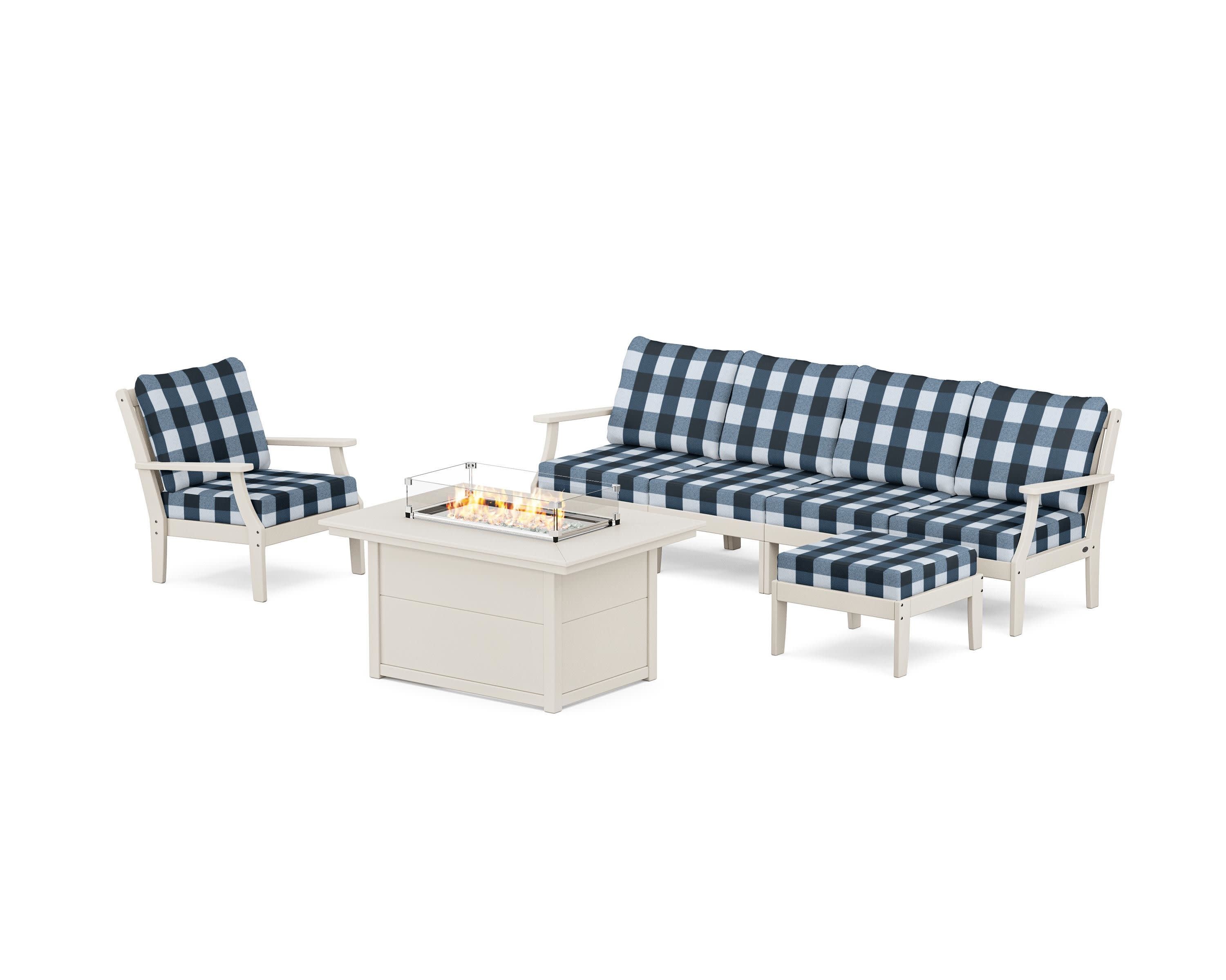 Braxton Sectional Lounge and Fire Pit Set in Sand / Buffalo Plaid Marine Indigo