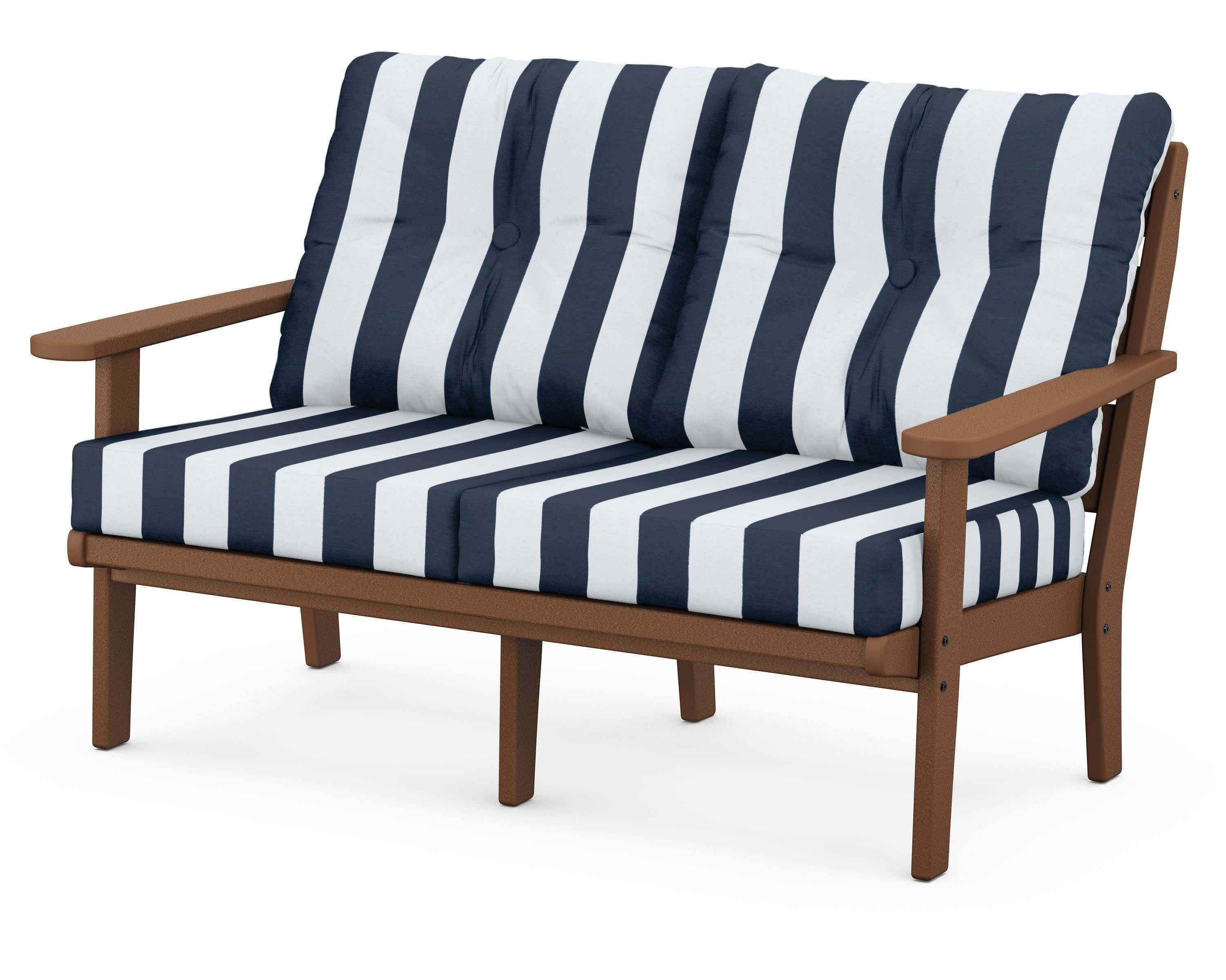 Lakeside Deep Seating Loveseat in Teak / Cabana Stripe Marine Indigo