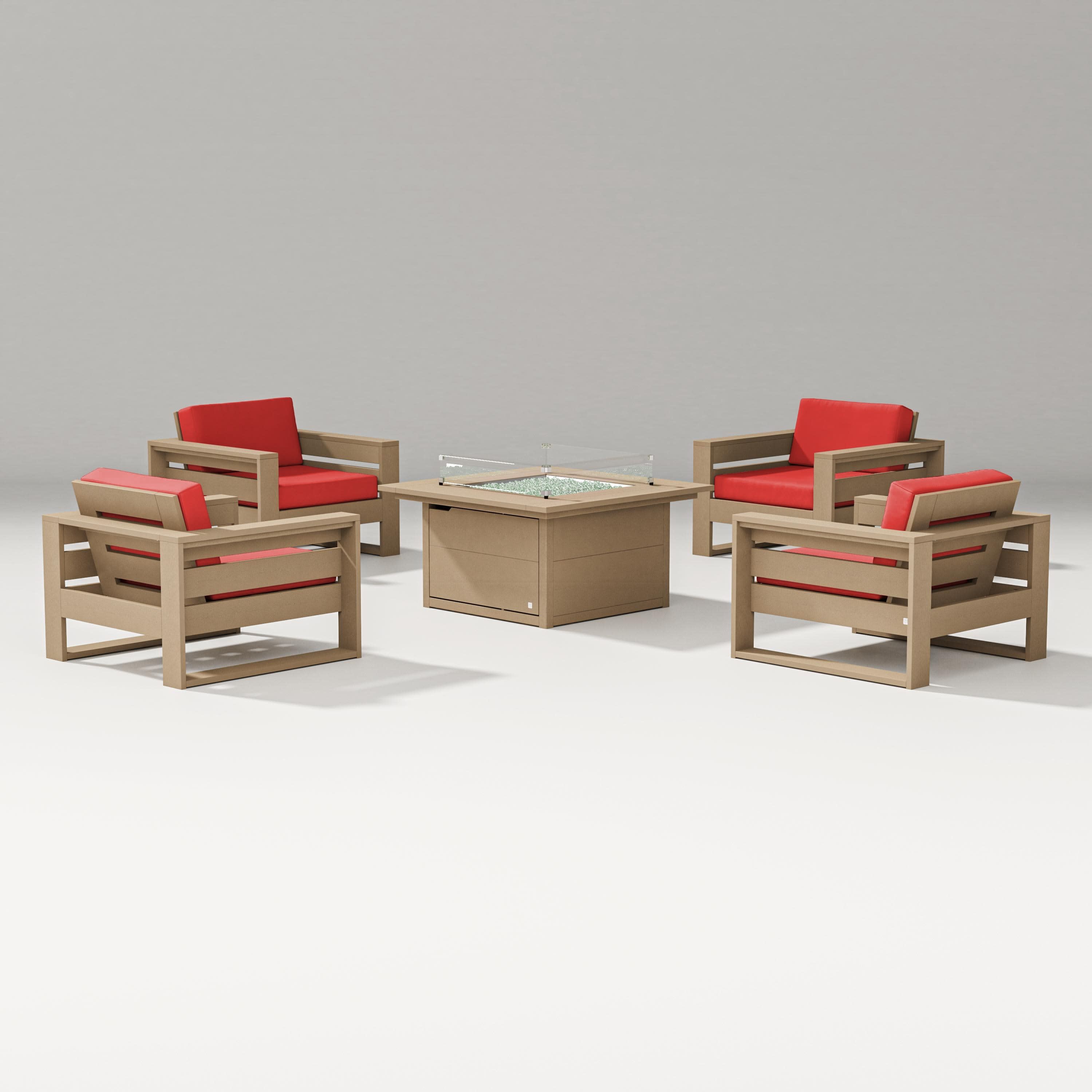 Latitude 5-Piece Lounge Fire Table Set in Vintage Sahara / Crimson Linen