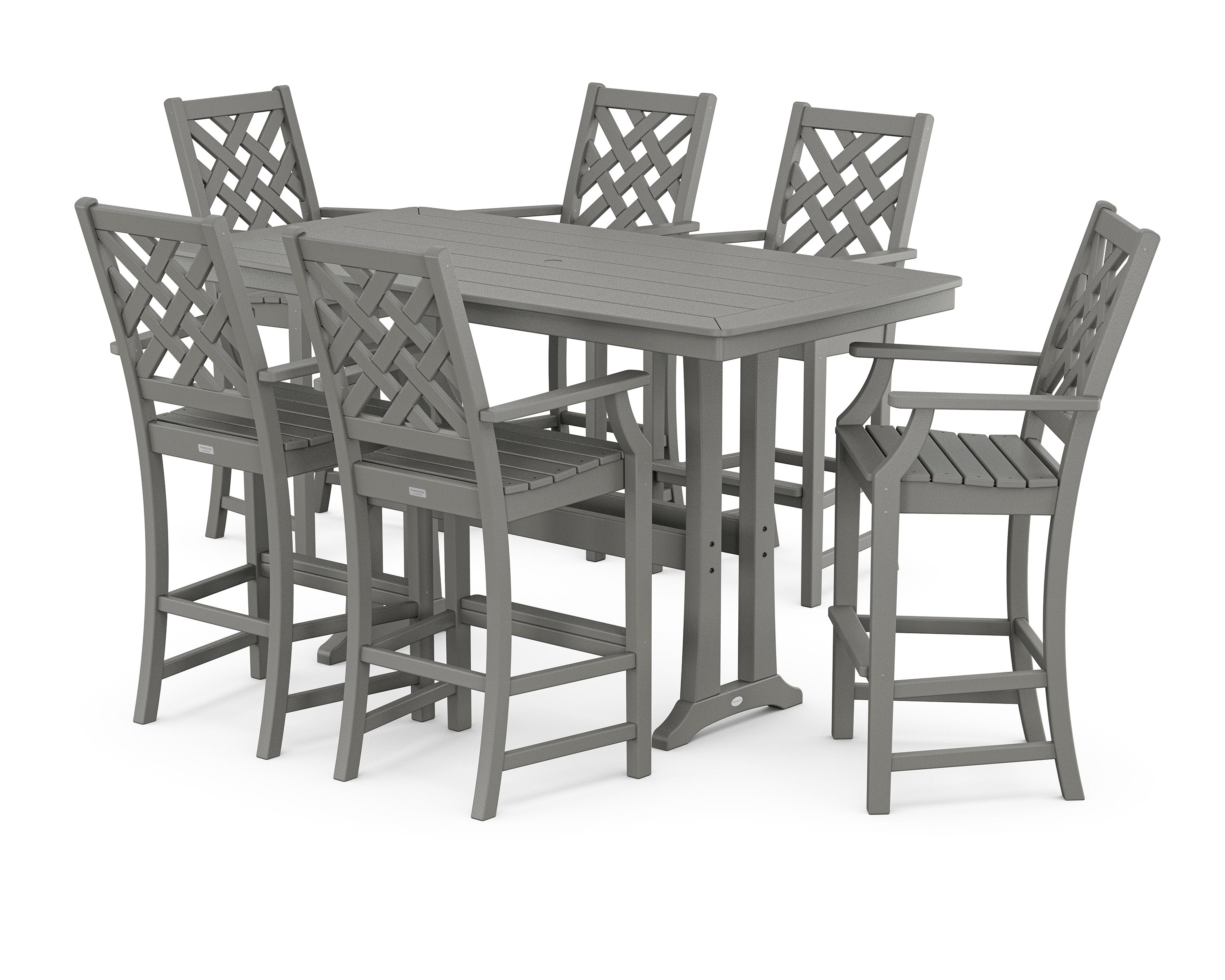 Wovendale Arm Chair 7-Piece Bar Set with Trestle Legs in Slate Grey
