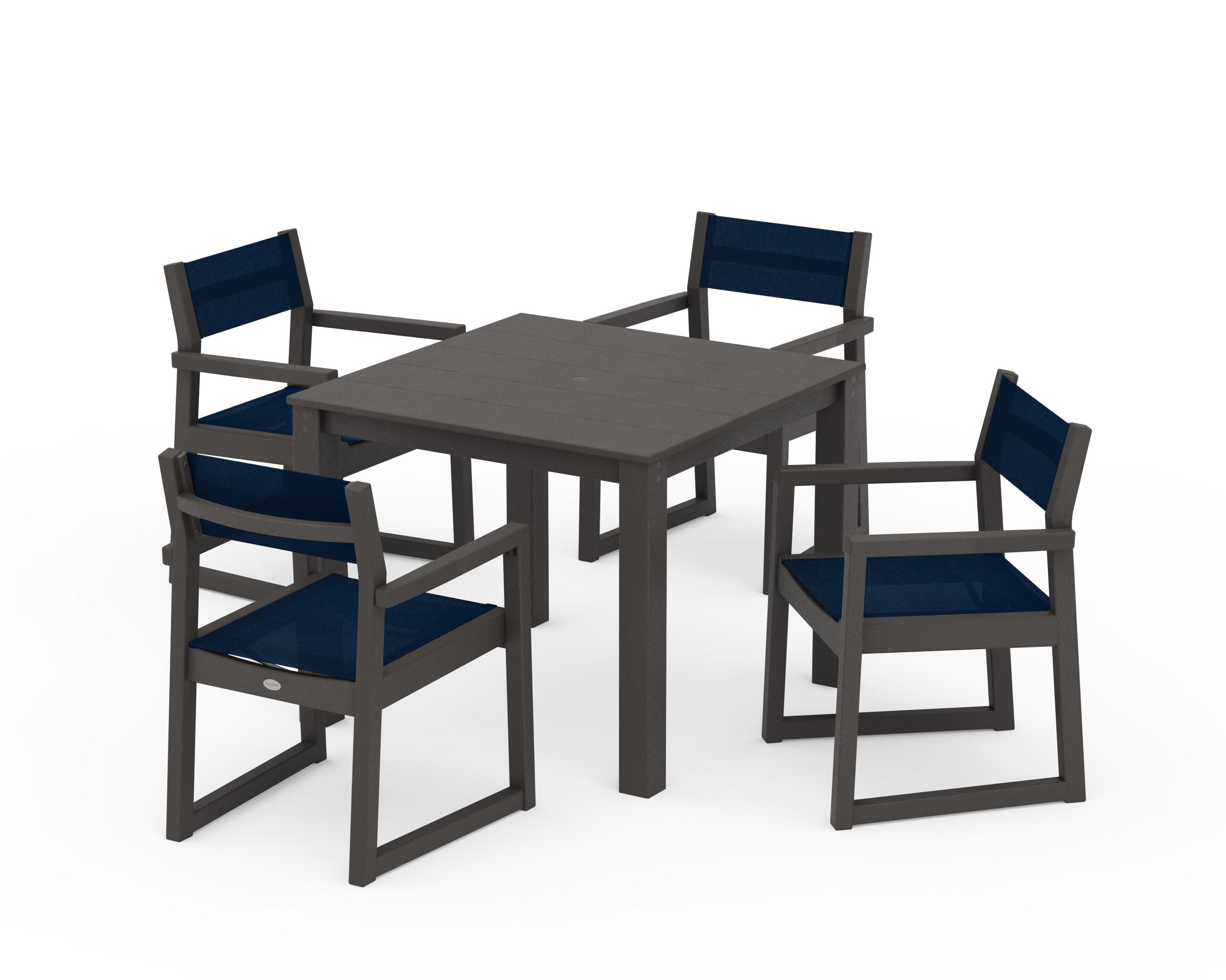 EDGE Sling Arm Chair 5-Piece Parsons Dining Set in Vintage Coffee / Navy Blue Sling
