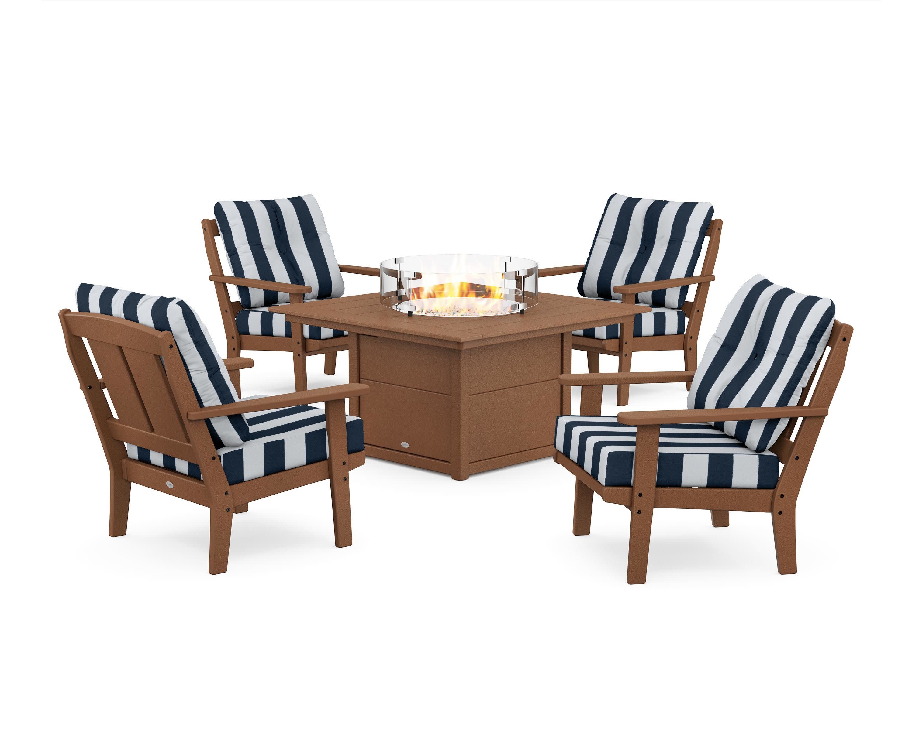 Mission 5-Piece Deep Seating Set with Fire Pit Table in Teak / Cabana Stripe Marine Indigo