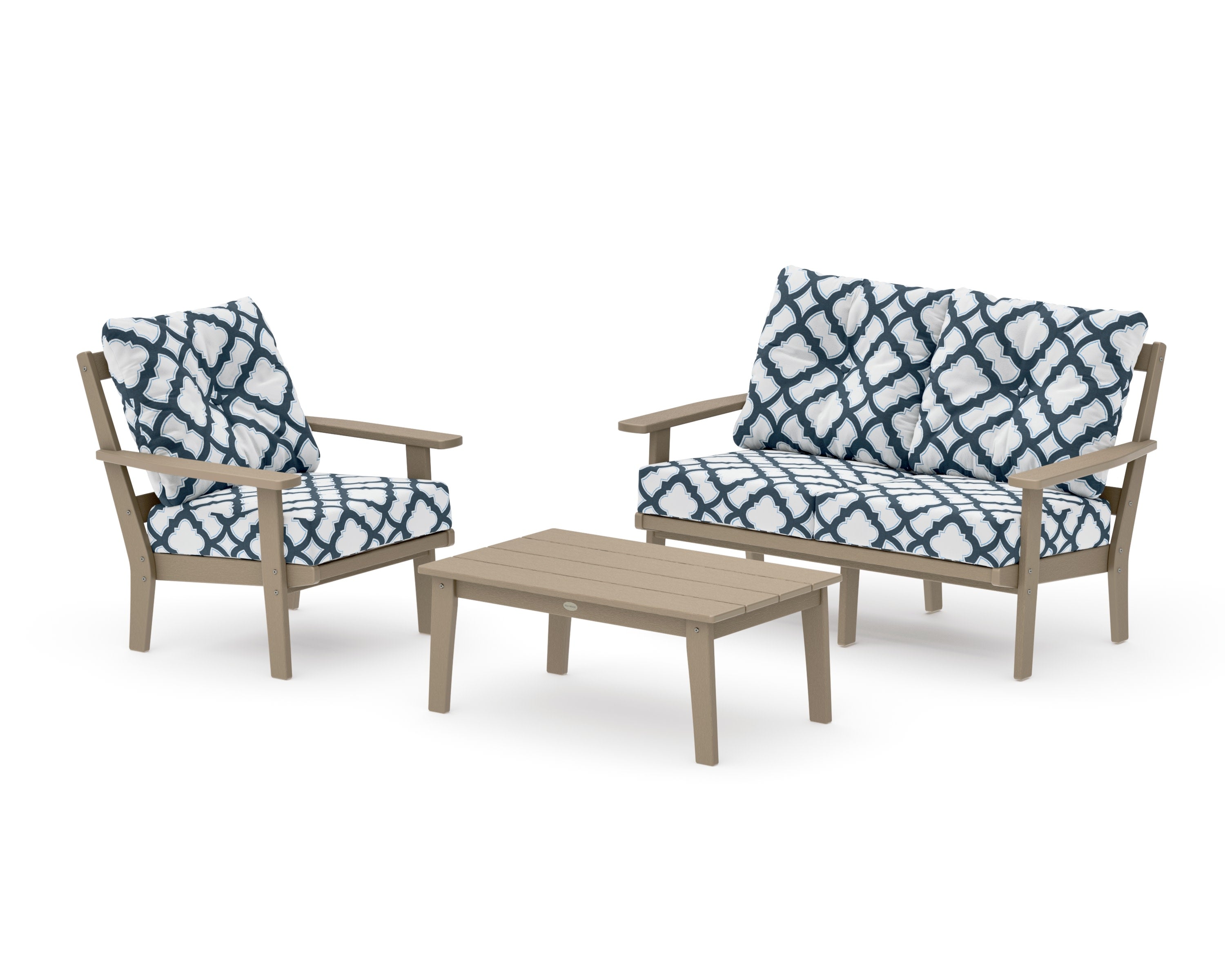 Prairie 3-Piece Deep Seating Set with Loveseat in Vintage Sahara / Trellis Marine Indigo