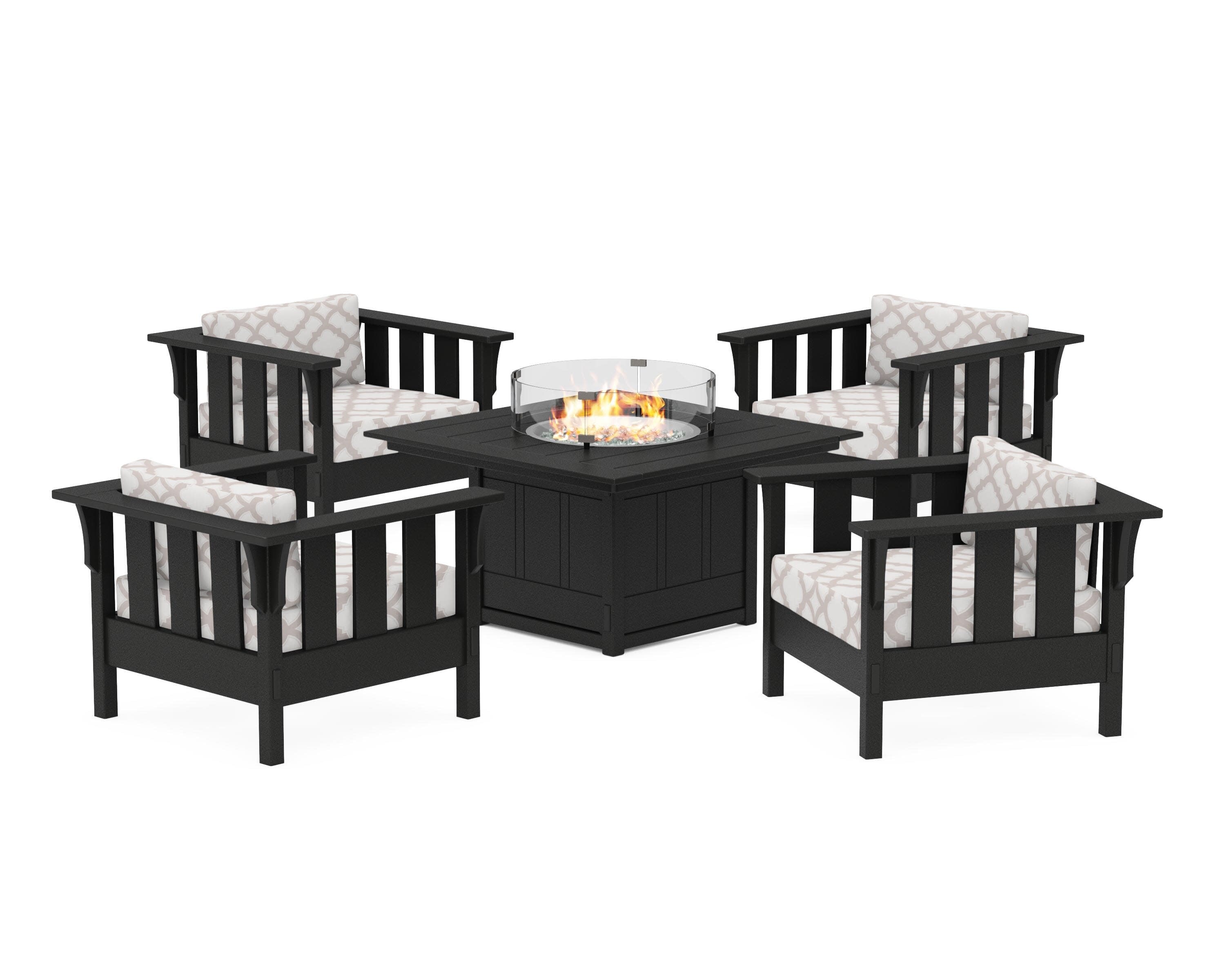 Acadia 5-Piece Deep Seating Set with Fire Pit Table in Black / Trellis Dune Burlap