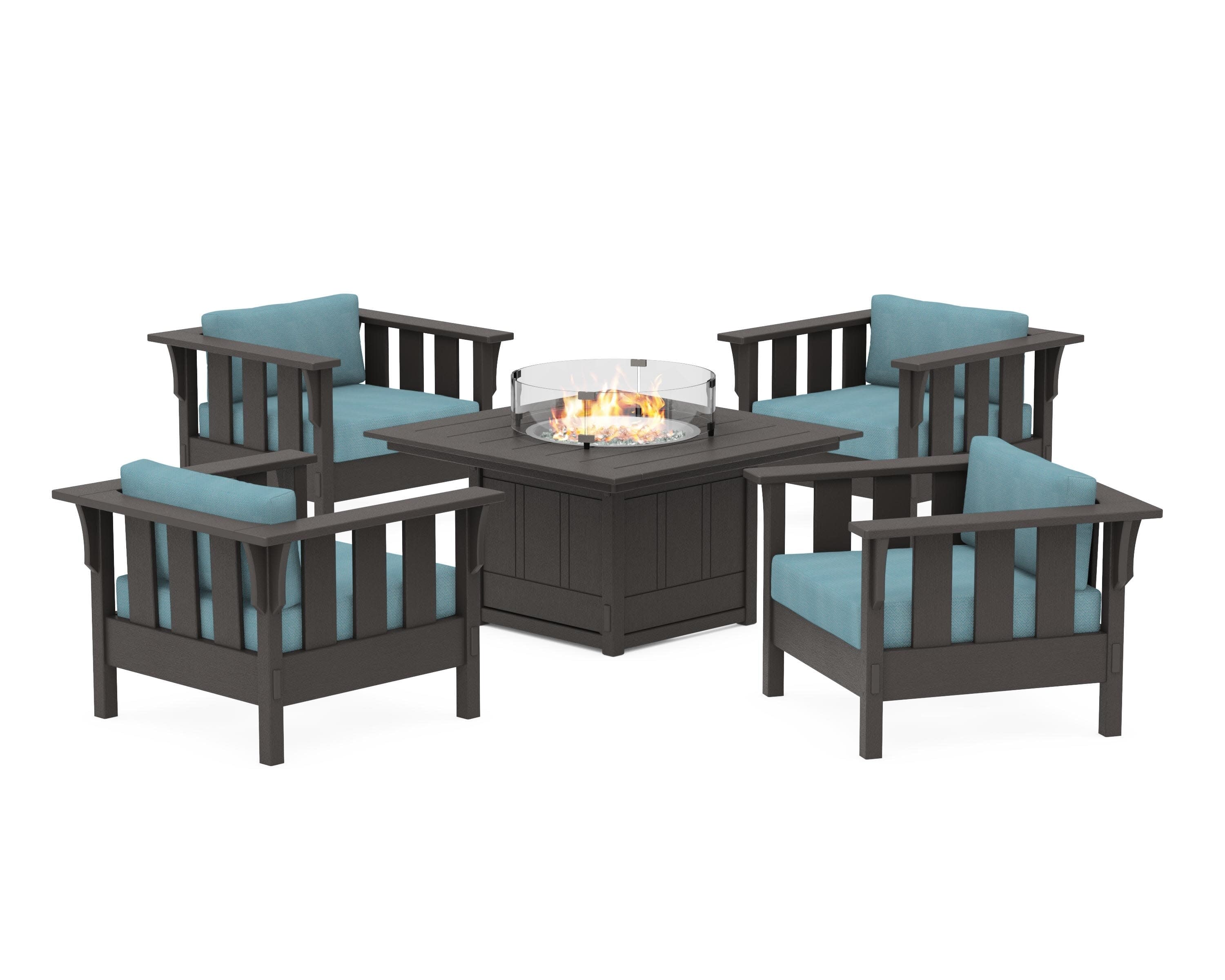 Acadia 5-Piece Deep Seating Set with Fire Pit Table in Vintage Coffee / Lattice Sky Blue