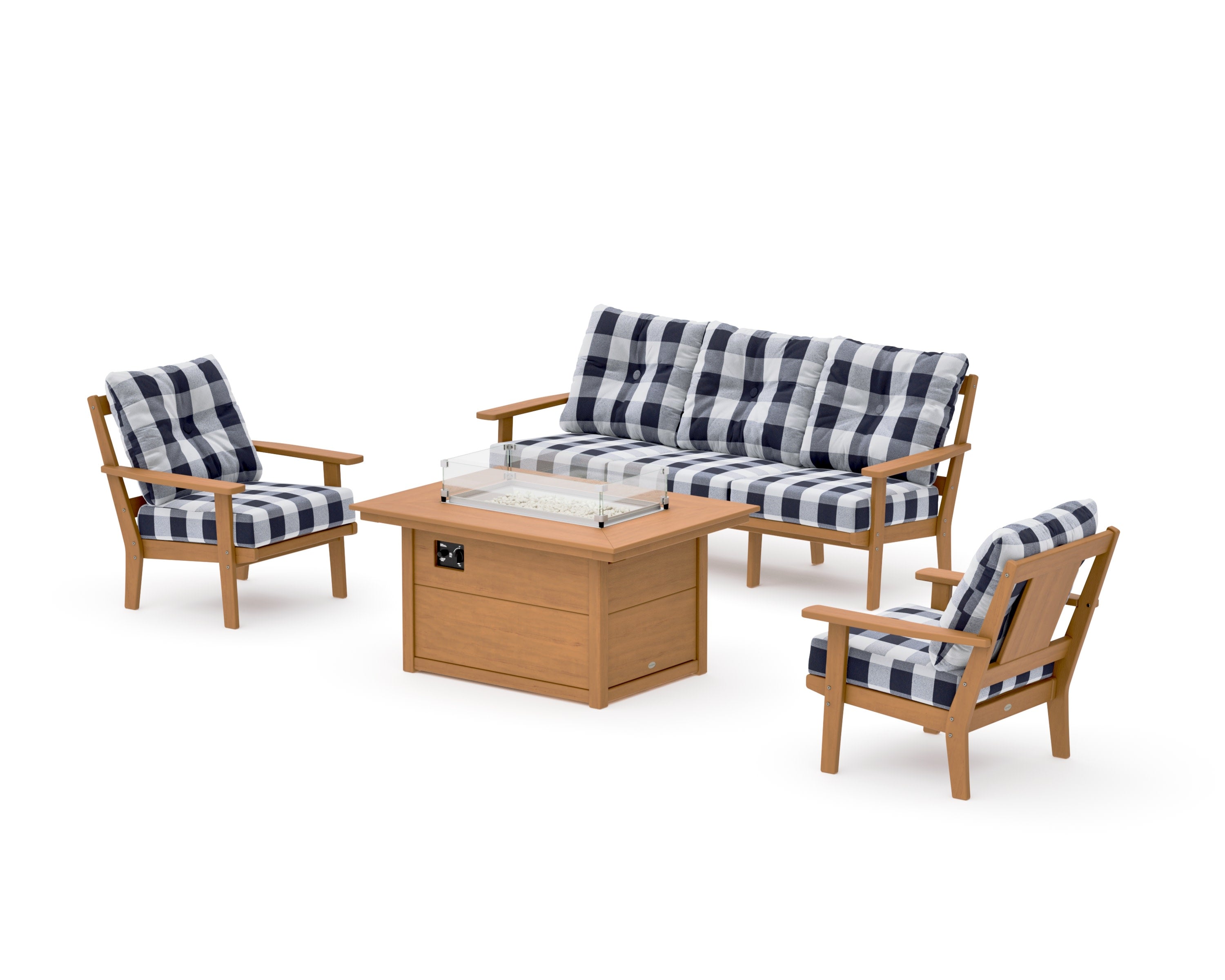 Prairie Deep Seating Fire Pit Table Set in Natural / Buffalo Plaid Navy