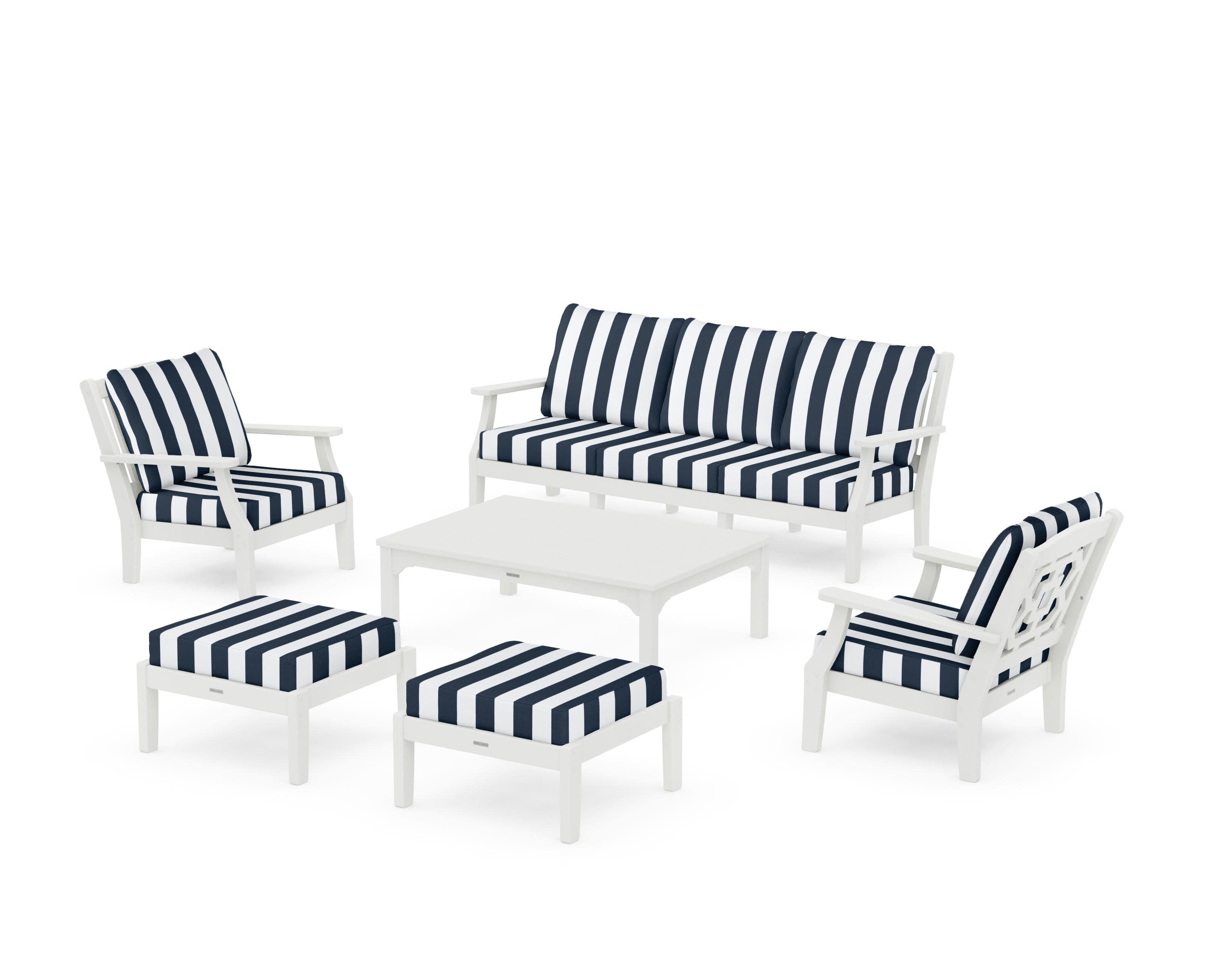 Chinoiserie 6-Piece Lounge Sofa Set in Vintage White / Cabana Stripe Marine Indigo