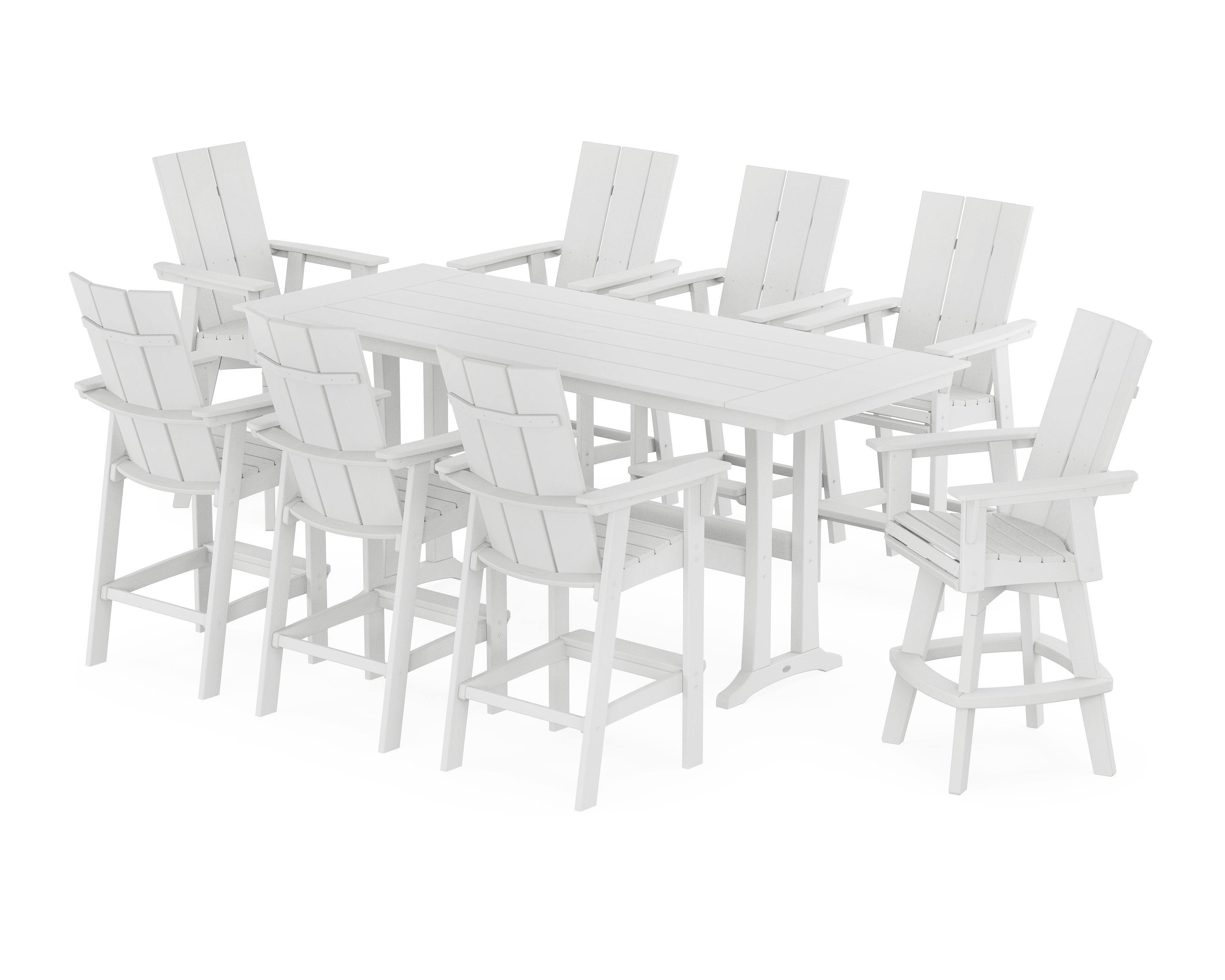 Modern Curveback Adirondack Swivel 9-Piece Farmhouse Bar Set with Trestle Legs in White