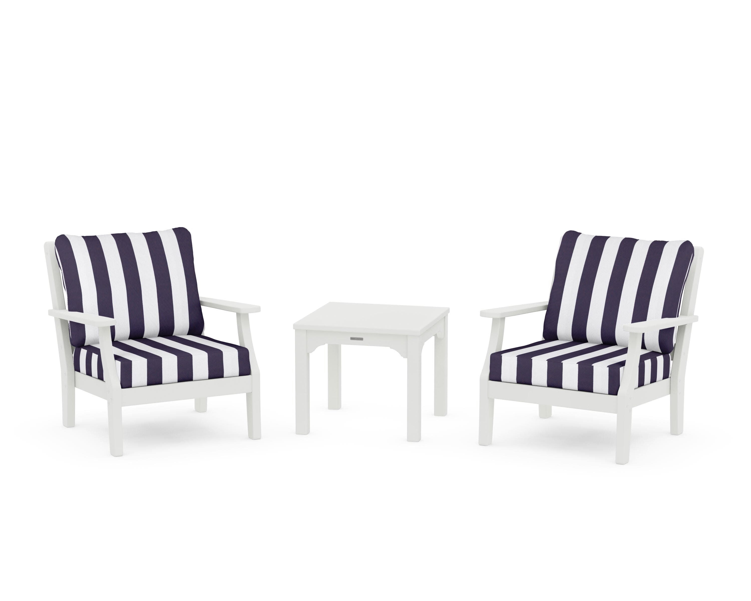 Chinoiserie 3-Piece Deep Seating Set in Vintage White / Cabana Stripe Navy