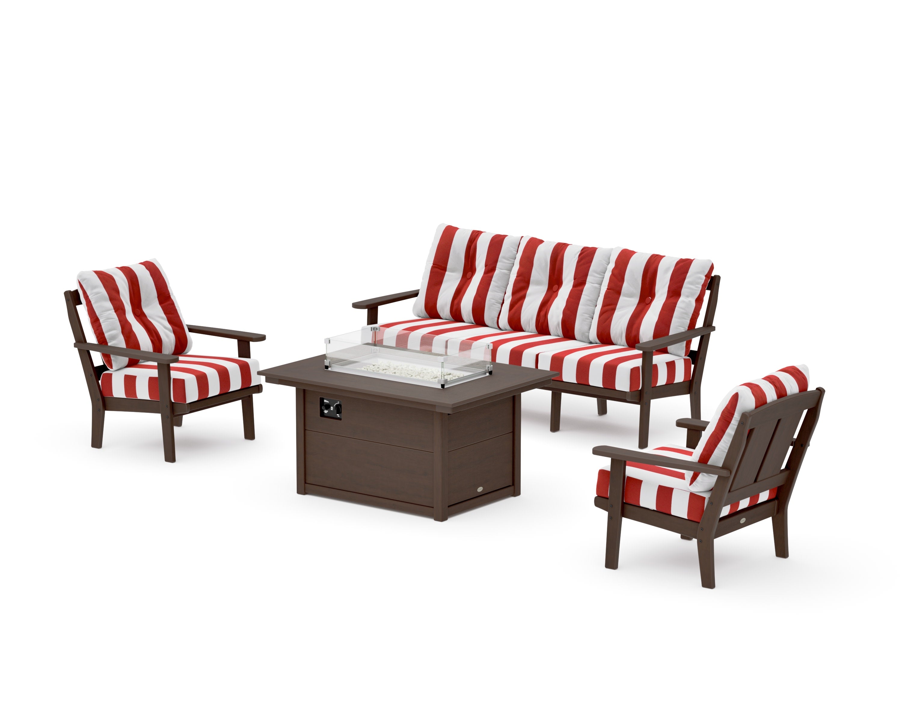 Mission Deep Seating Fire Pit Table Set in Kona / Cabana Stripe Crimson