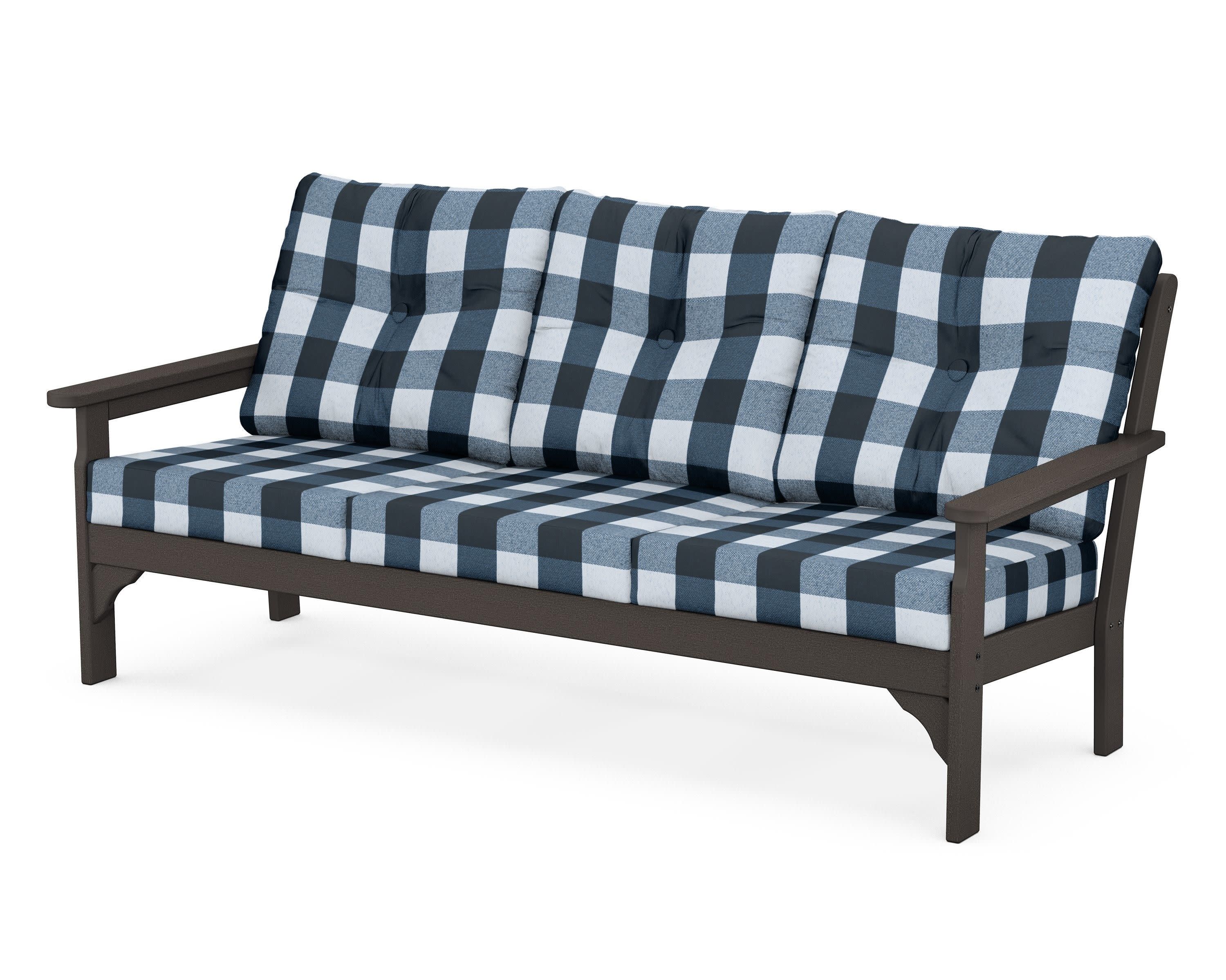 Vineyard Deep Seating Sofa in Vintage Coffee / Buffalo Plaid Marine Indigo