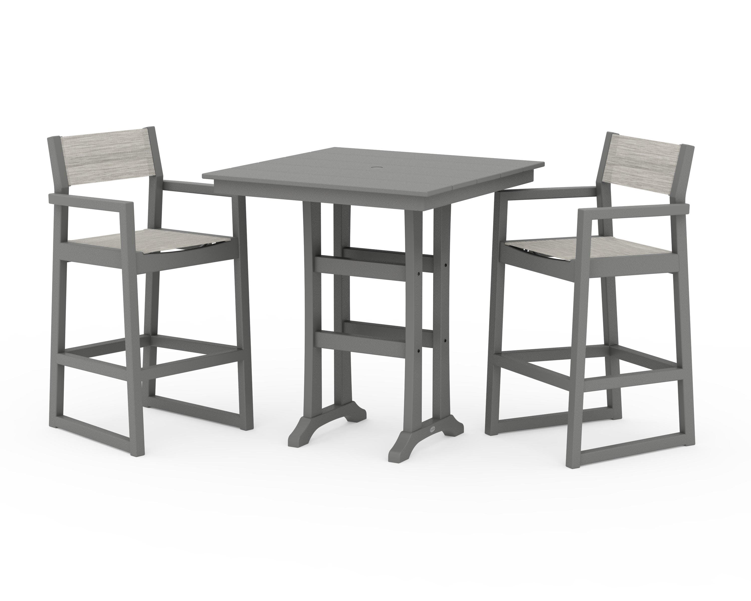 EDGE Sling Arm Chair 3-Piece Farmhouse Bar Set with Trestle Legs in Slate Grey / Birch Sling