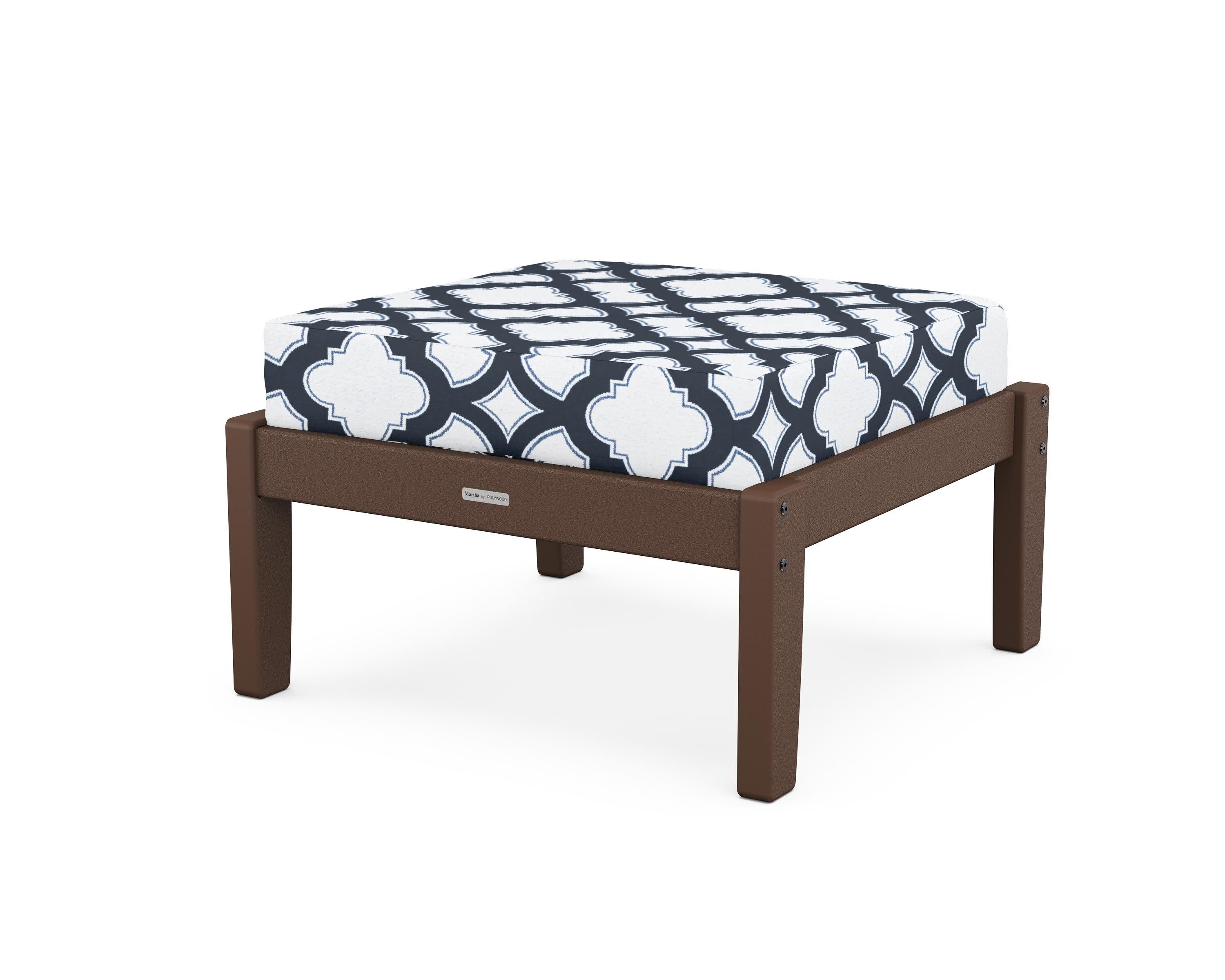 Chinoiserie Deep Seating Ottoman in Mahogany / Trellis Marine Indigo