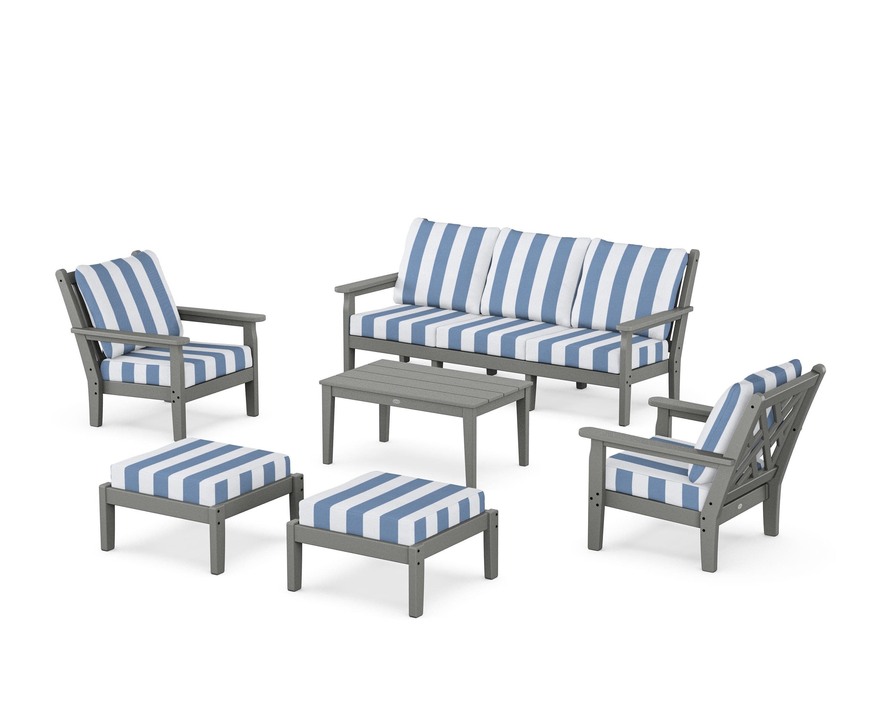 Chippendale 6-Piece Lounge Sofa Set in Slate Grey / Cabana Stripe Sky Blue