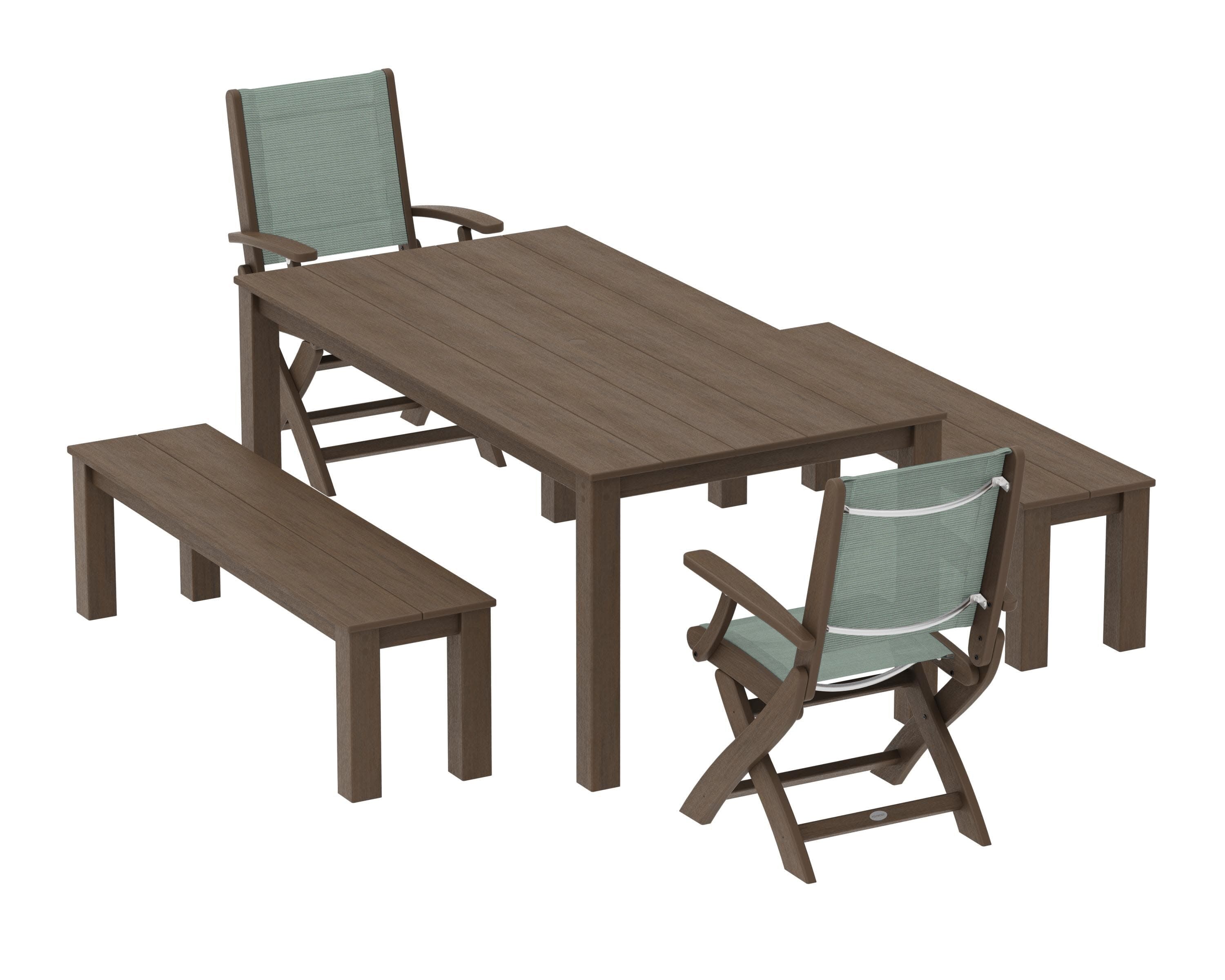 Coastal Folding Chair 5-Piece Parsons Dining Set with Benches in Kona / Dupioni Sea Mist Sling