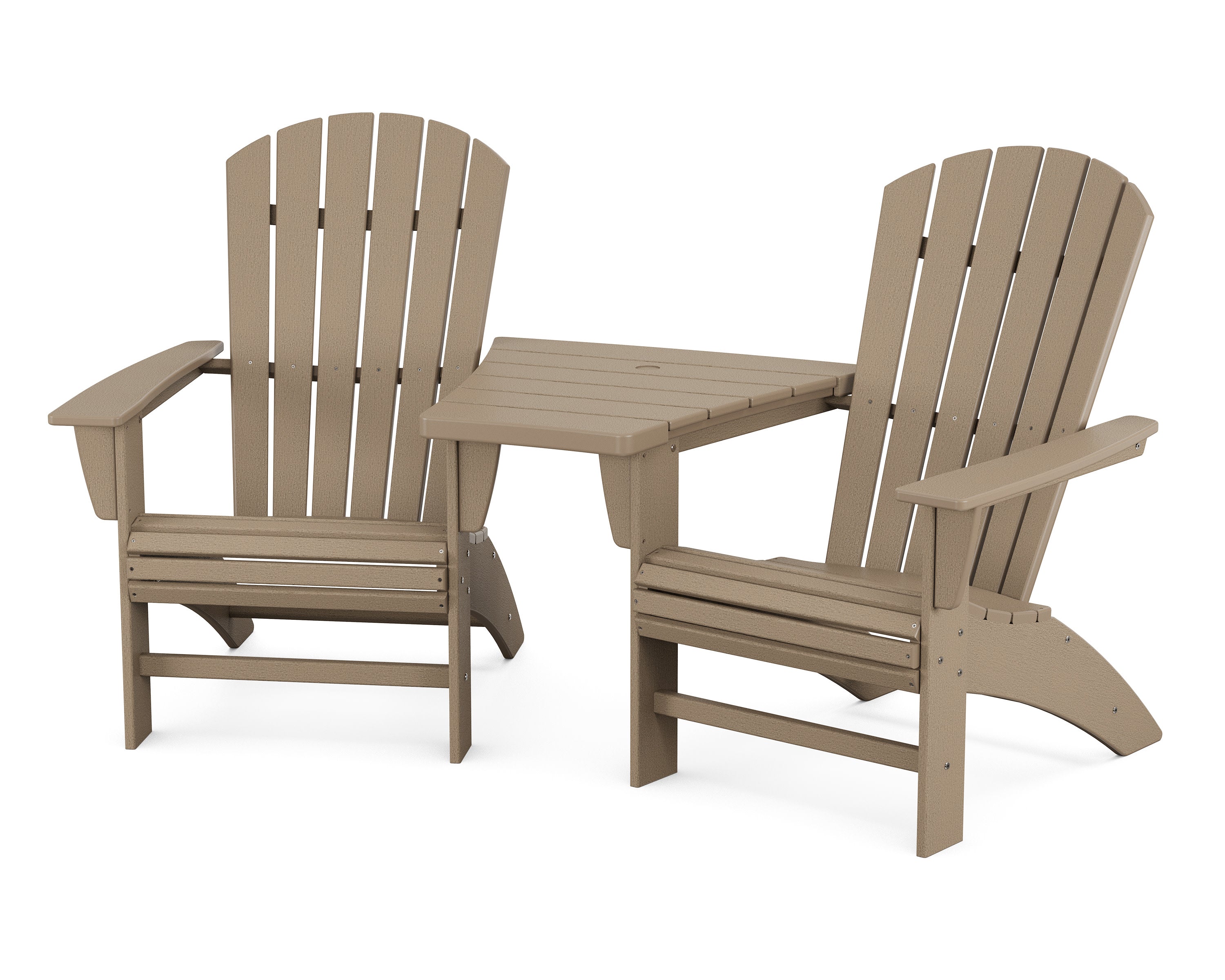 Nautical 3-Piece Curveback Adirondack Set with Angled Connecting Table in Vintage Sahara