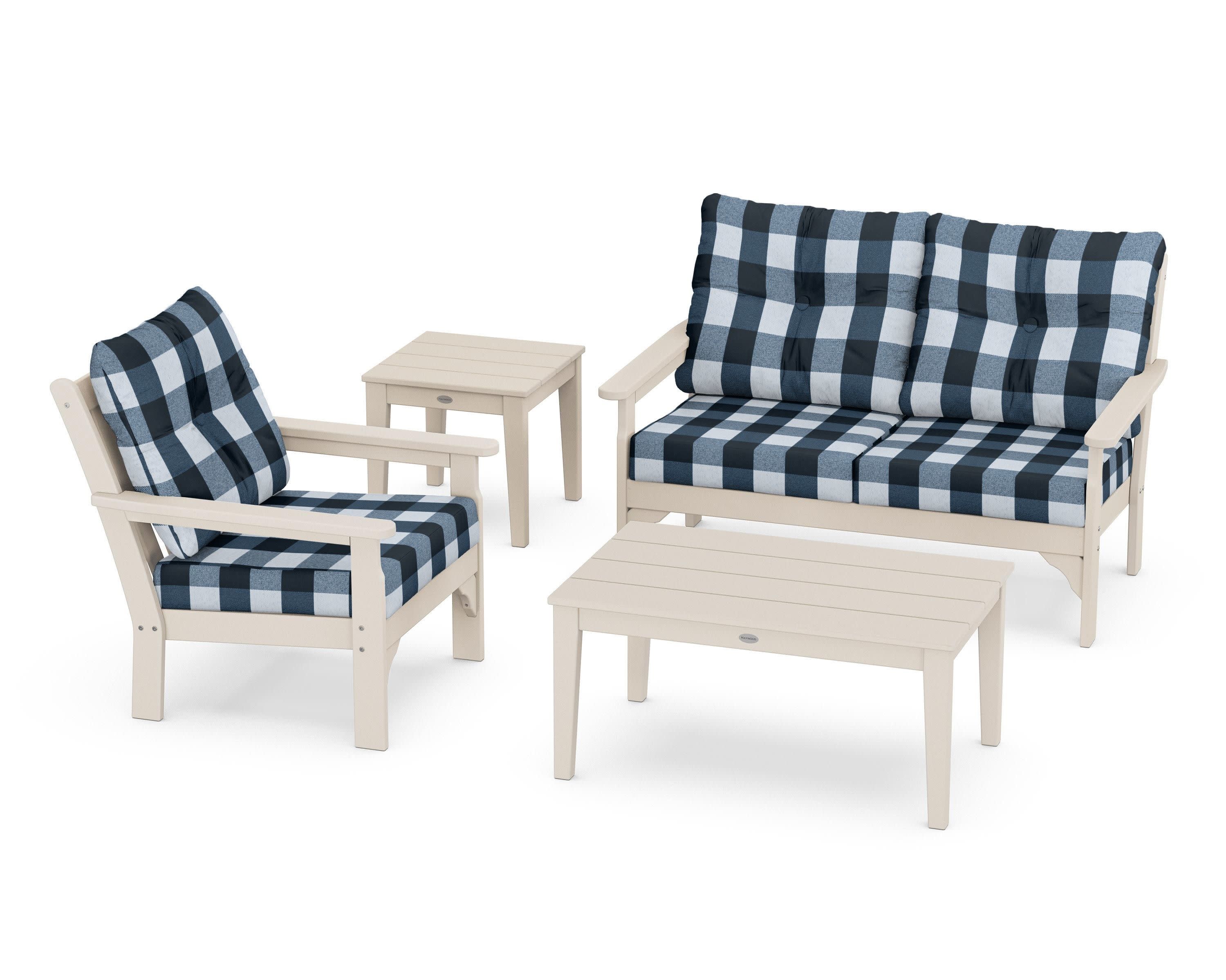 Vineyard 4-Piece Deep Seating Set in Sand / Buffalo Plaid Marine Indigo