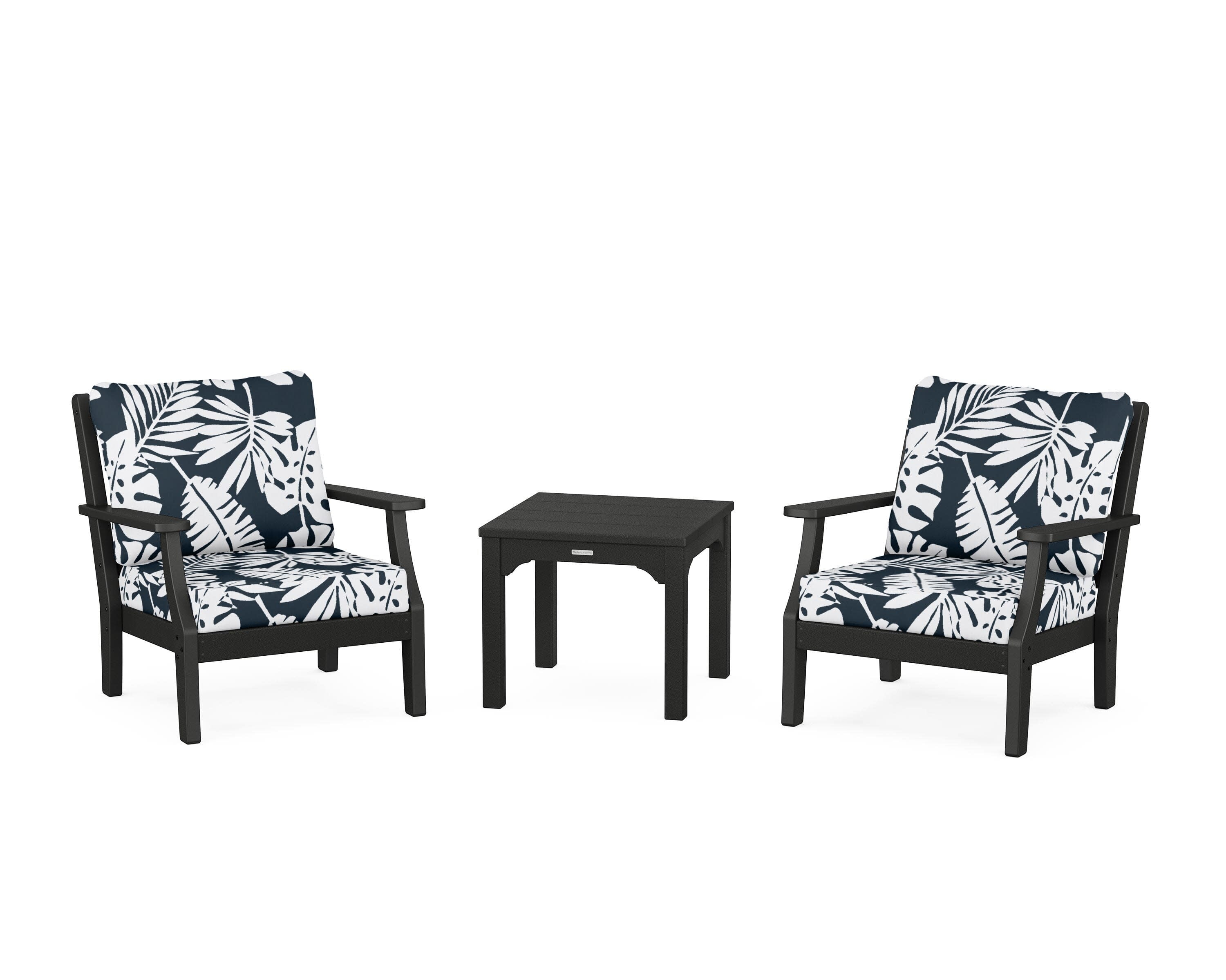 Chinoiserie 3-Piece Deep Seating Set in Black / Leaf Marine Indigo