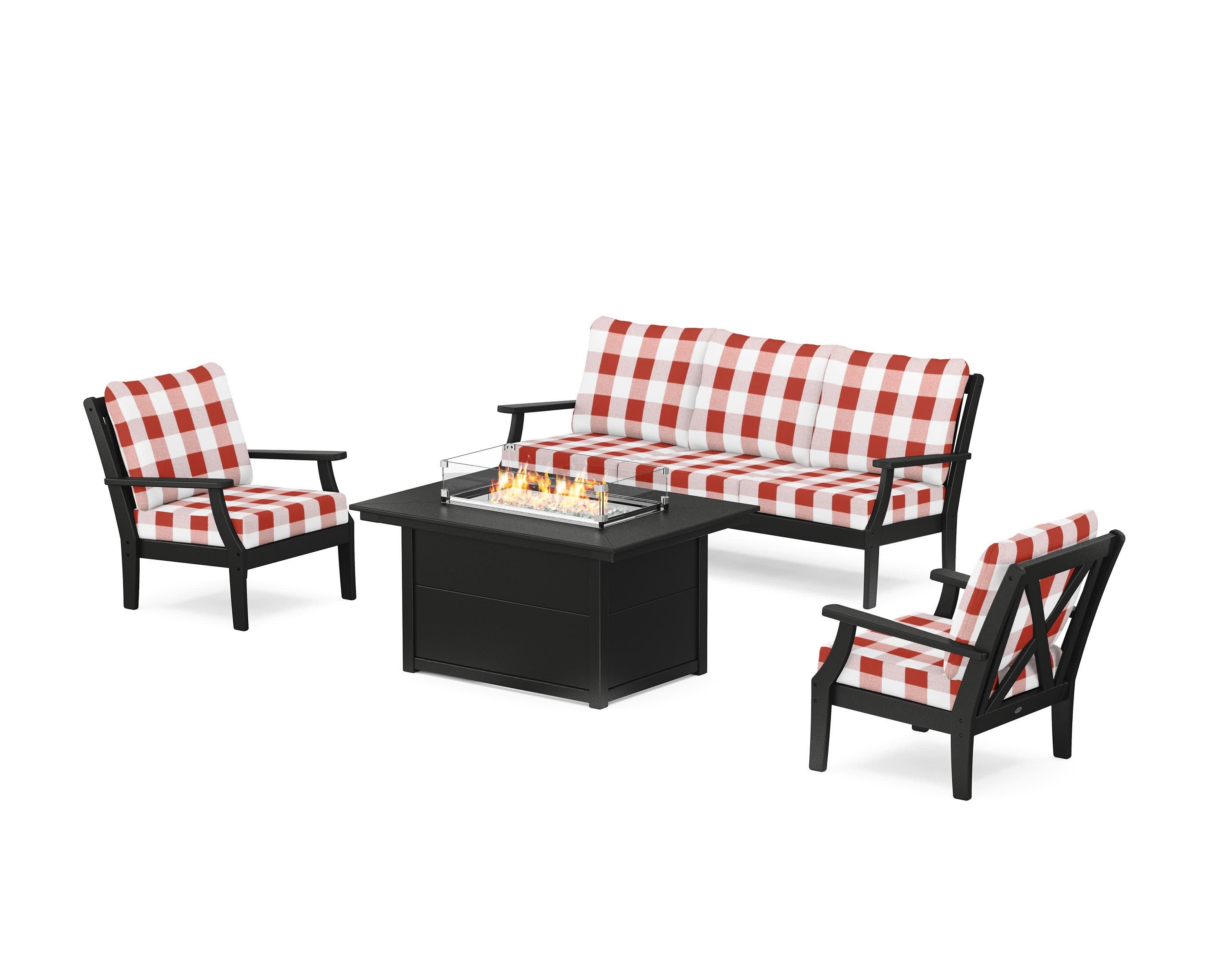 Braxton Deep Seating Fire Pit Table Set in Black / Buffalo Plaid Crimson