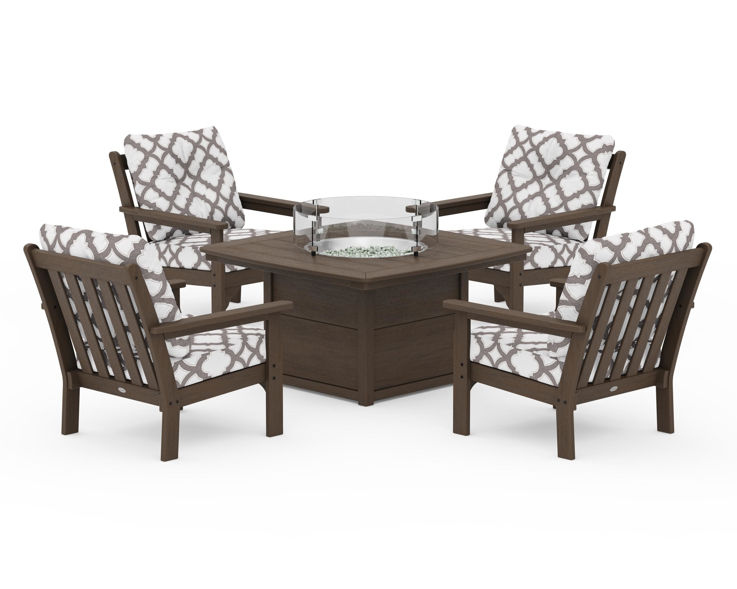 Vineyard 5-Piece Conversation Set with Fire Pit Table in Kona / Trellis Grey Mist