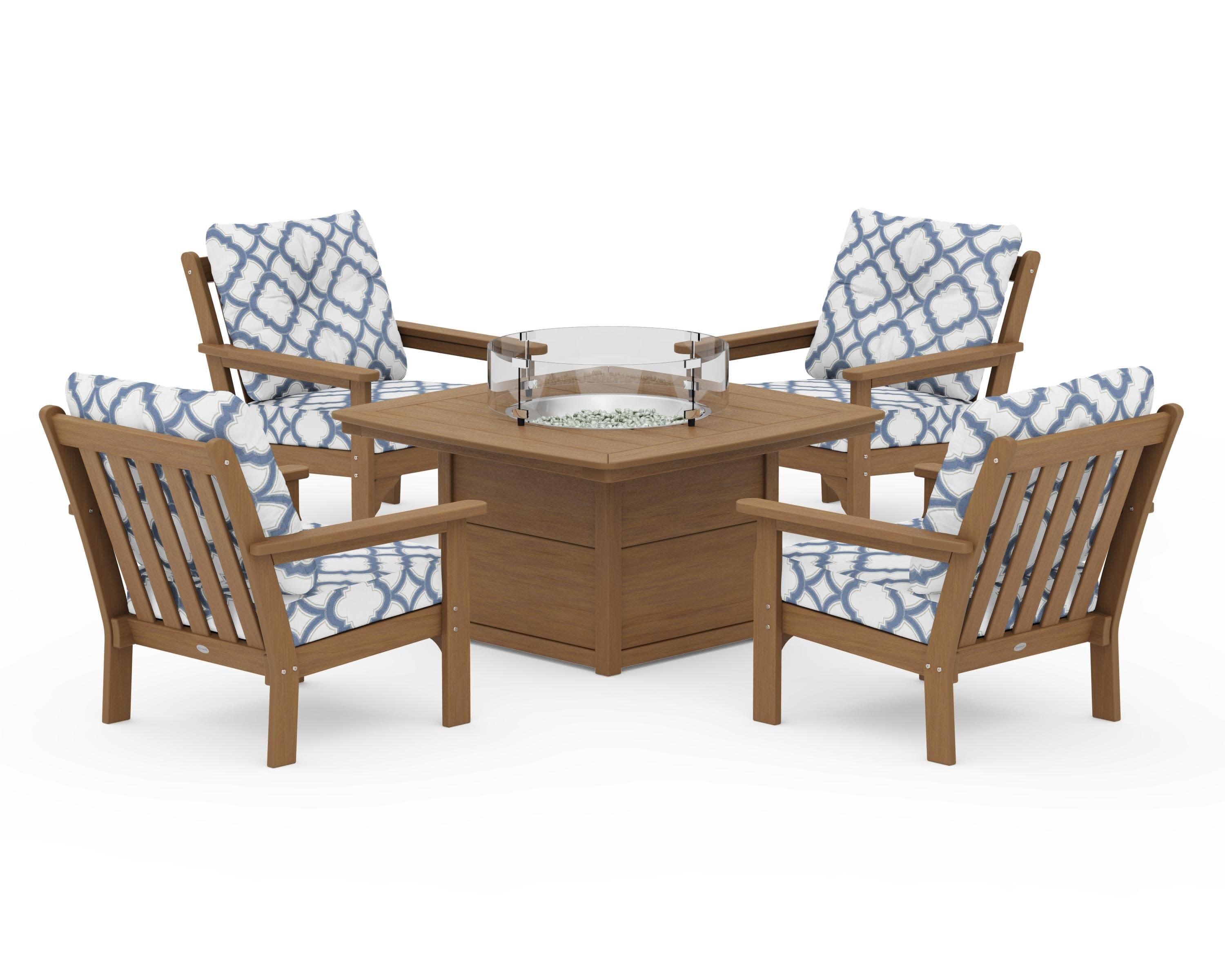 Vineyard 5-Piece Conversation Set with Fire Pit Table in Natural / Trellis Sky Blue